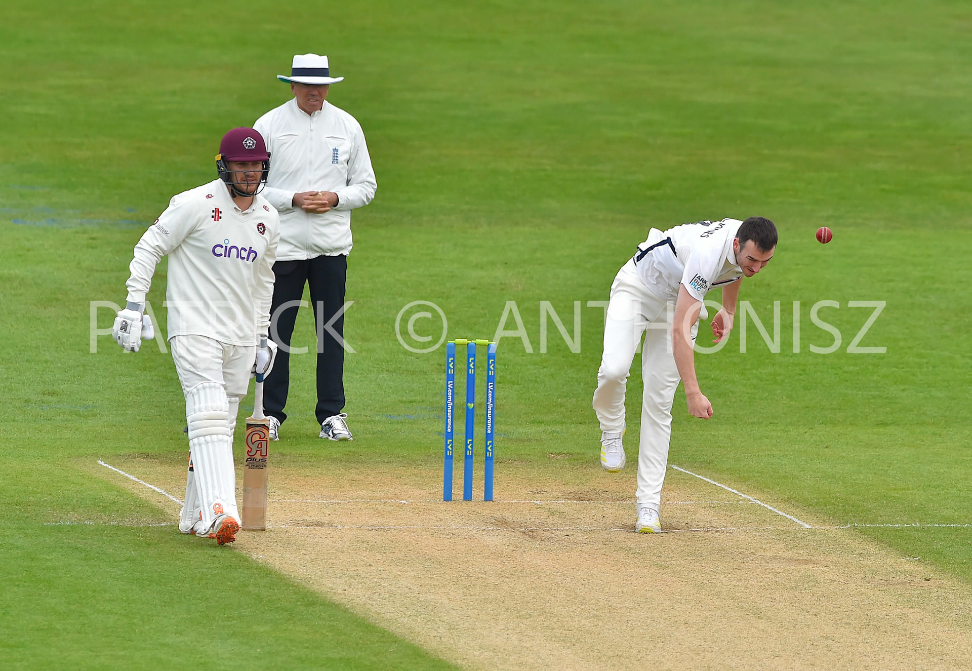 NORTHAMPTON, ENGLAND - April 15 2023 : TOBY ROLAND-JONES of Middlesex in action Day 3 of the LV= Insurance County Championship match between Northamptonshire and   Sat  April  15 at The County Ground  in Northampton, England.