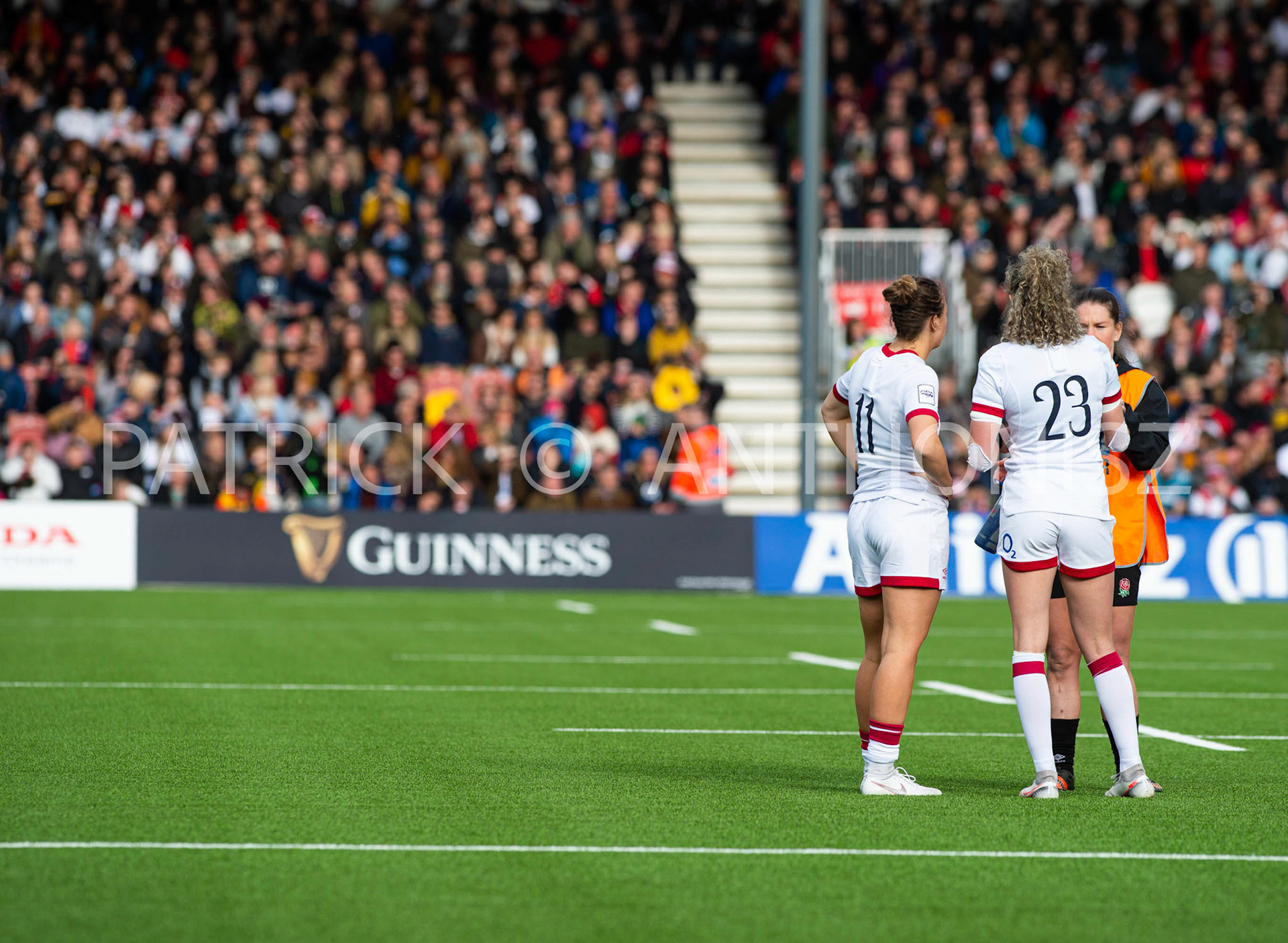 England Vs Wales Six Nations Gloucester 9 April 2022. no 11 Sarah McKenna of England and no 23 Ellie Kildunne of England is seen during the TikTok Women's Six Nations Rugby Championship match, England Red Roses Vs Wales  Rugby at the Kingsholm  Stadium Gloucester