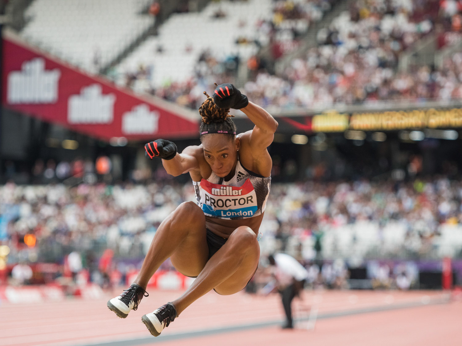 LONDON, ENGLAND - JULY 21: Shara  Proctor of GBR competes in the Women's Long Jump during Day Two  Muller Anniversary Games IAAF Diamond League  at the London Stadium on July 21, 2019 in London, England.