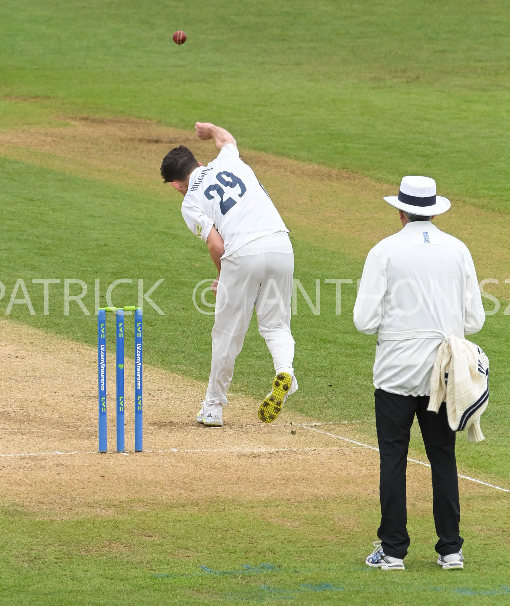 NORTHAMPTON, ENGLAND - April 16 2023 :RYAN HIGGINS of Middlesex in action during  Day 4 of the LV= Insurance County Championship match between Northamptonshire and   Sun  April  16 at The County Ground  in Northampton, England.