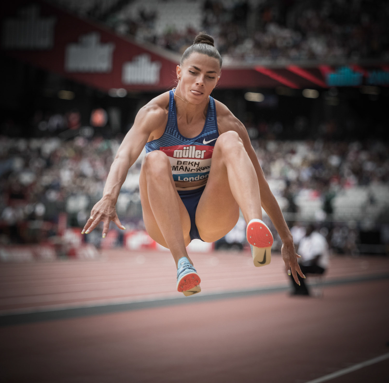 LONDON, ENGLAND - JULY 21: Beka-Romanchuk Matna  of UKA competes in the Women's Long Jump during Day Two  Muller Anniversary Games IAAF Diamond League  at the London Stadium on July 21, 2019 in London, England.