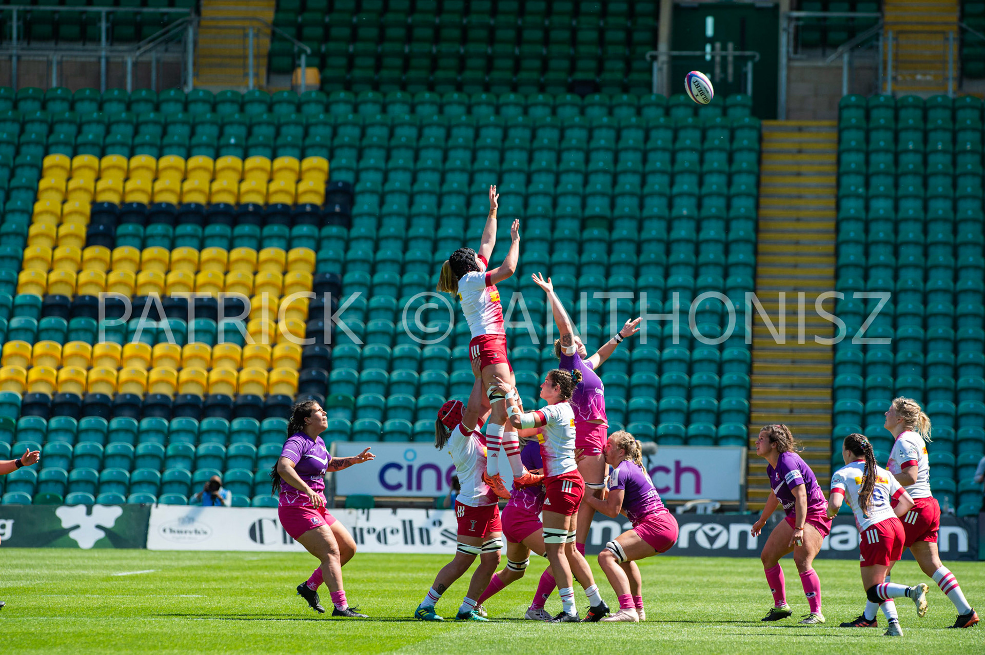Northampton -14–May-2022.  Sarah Bonar of Harlequins tries to get the ball during the Loughborough Lightning Vs Harlequins Womens match at cinch Stadium Franklin's Gardens Northampton  .