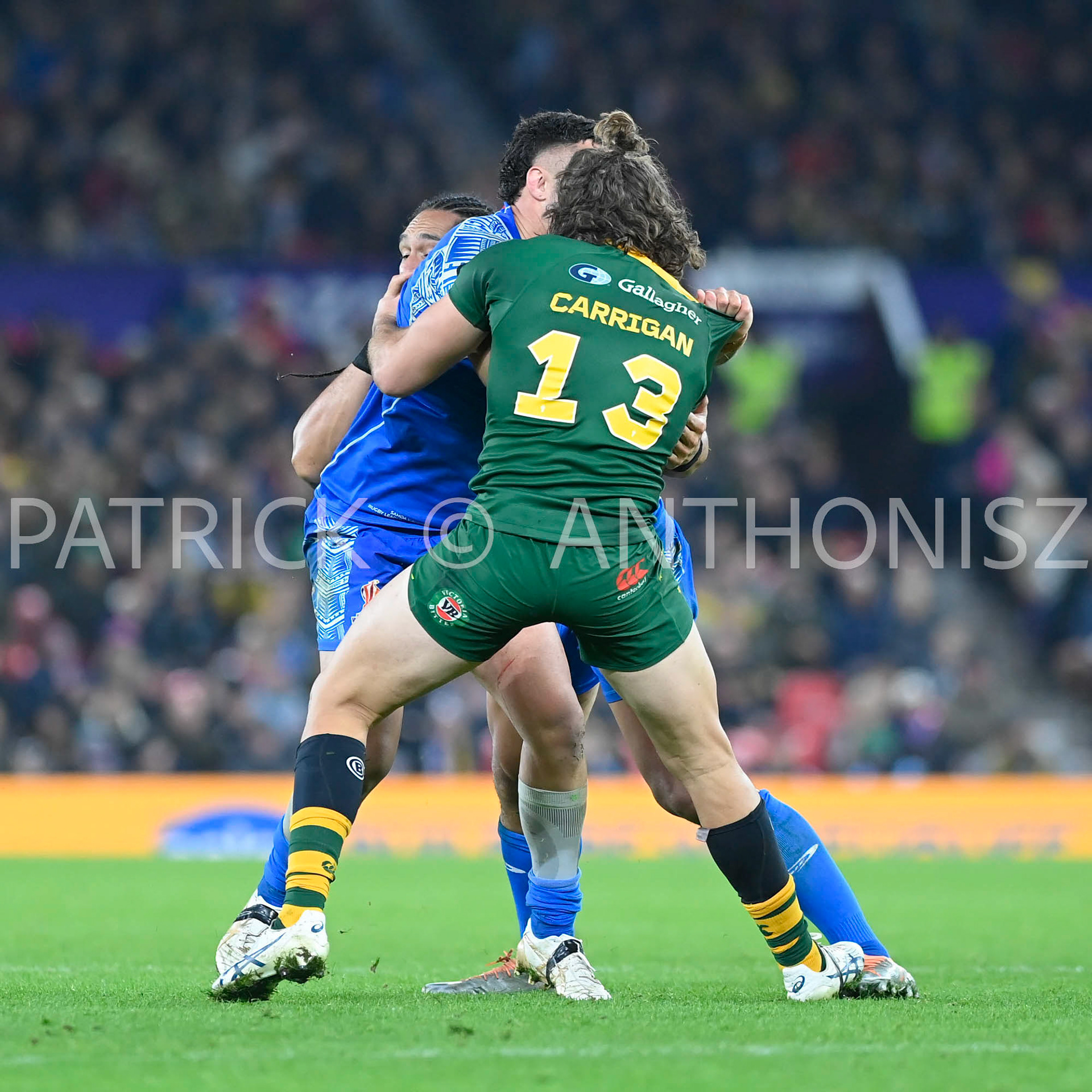 Manchester   ENGLAND - NOVEMBER 19.Patrick Carrigan of Australia seen  during  the Rugby league World Cup Mens Final  between Australia and Samoa at the  Old Trafford Stadium on November 19 - 2022 in Manchester England.