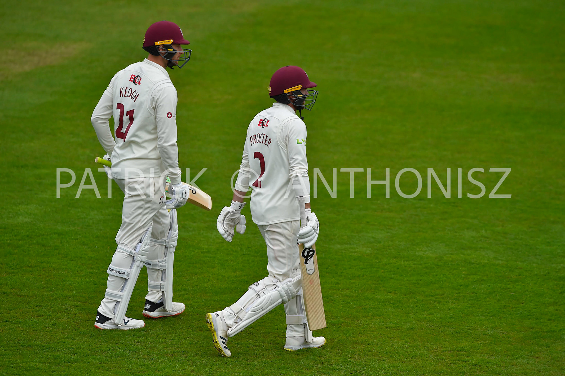 NORTHAMPTON, ENGLAND - April 15 2023 : Luke Procter and Rob Keogh  bats for Northampton Day 3 of the LV= Insurance County Championship match between Northamptonshire and   Sat  April  15 at The County Ground  in Northampton, England.
