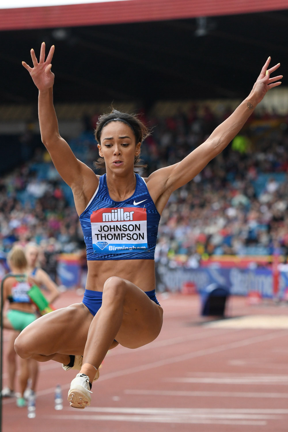 Birmingham. UK.. 18 August 2019. Katarina Johnson-Thompson (GBR) in  action in the womens long jump at the   Muller Grand Prix. IAAF Diamond League athletics. Alexander stadium. Birmingham