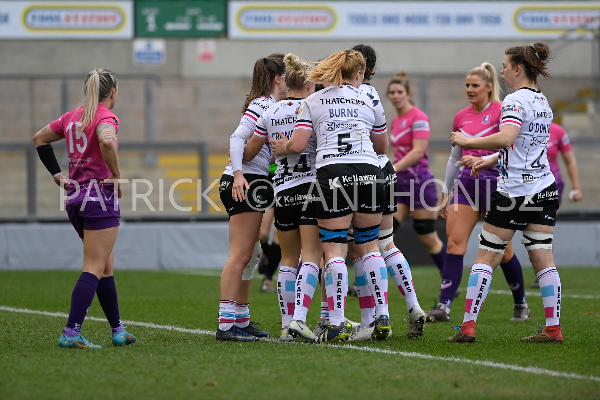 NORTHAMPTON, ENGLAND- Sat-4-2023:  Grace Crompton of Bristol Bears celebrate with team mates after she scored a try during the match between  Loughborough Lightning and Bristol Bears at Franklin's Gardens on Sat-4-2023 in Northampton, England
