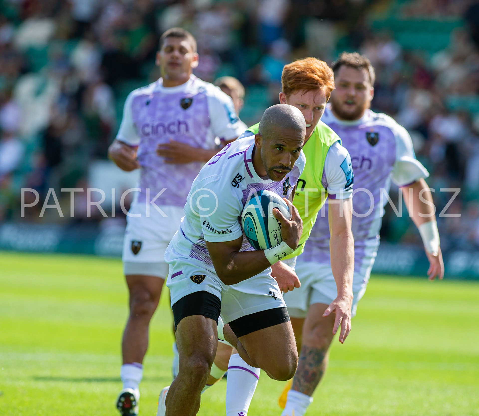 NORTHAMPTON, ENGLAND - August 27 : 2022  Courtnall Skosan of Northampton is seen in action during the match between Northampton Saints and Bedford Blues   at Franklin's Gardens on August 27  2022 in Northampton, England.