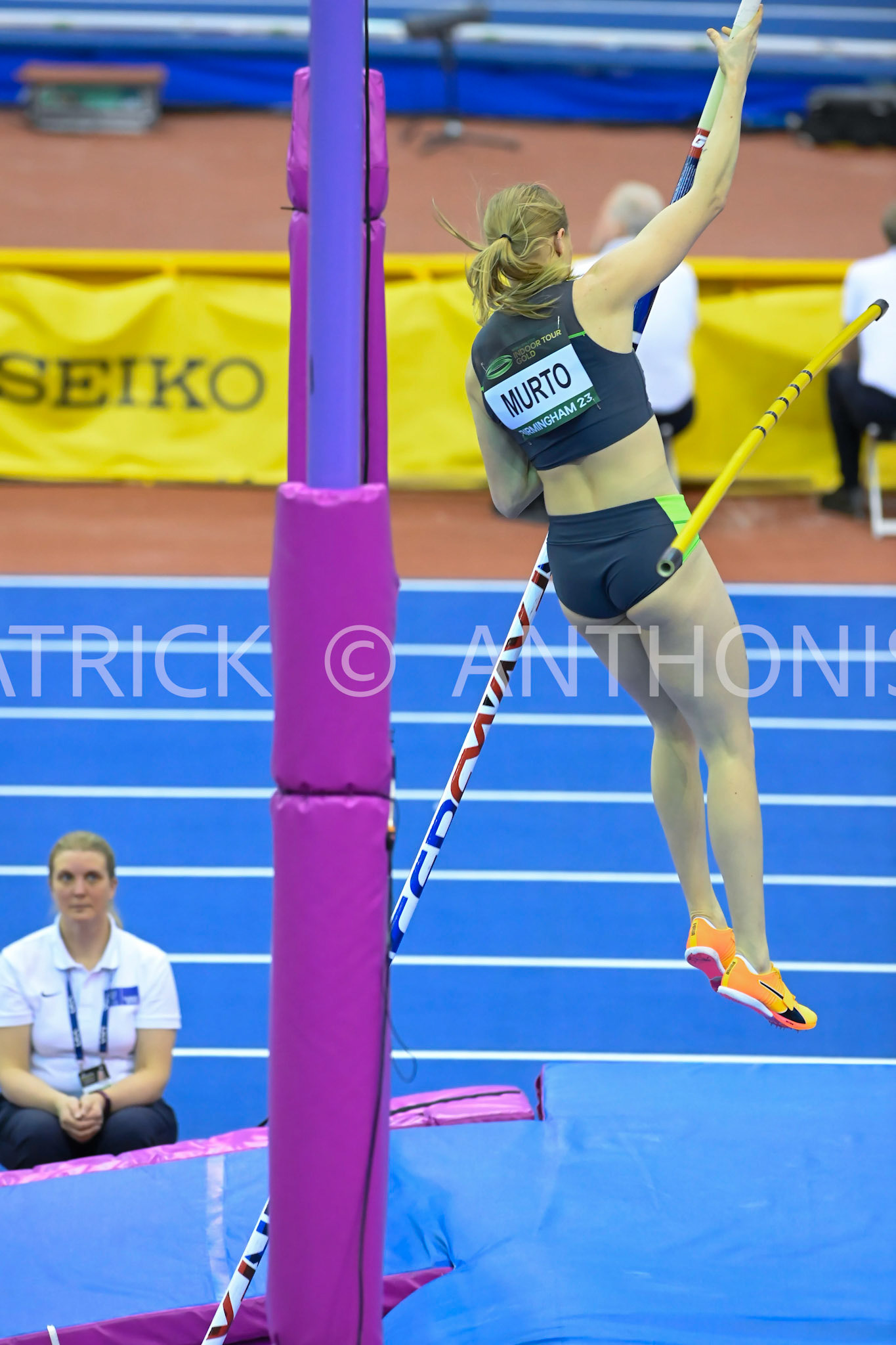 Birmingham, UK, 25 February 2023:MURTO Wilma FIN competes in the  Women's Pole Vault  at 4.51 m Birmingham World Indoor Gold Tour Final  Utilita Arena, Birmingham on the 25 February , England