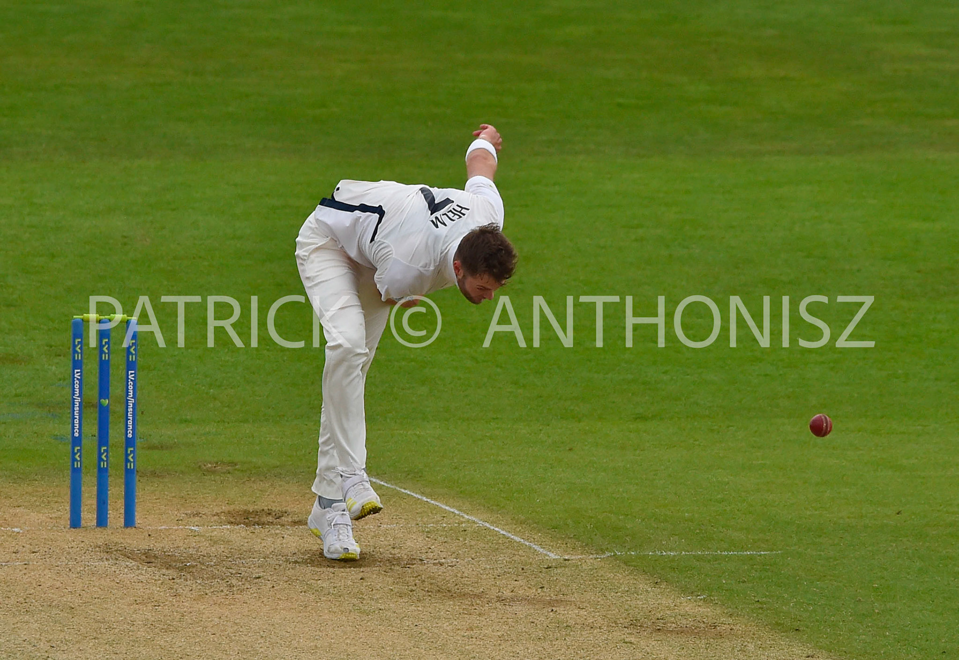 NORTHAMPTON, ENGLAND - April 15 2023 : TOM HELM of Middlesex in action Day 3 of the LV= Insurance County Championship match between Northamptonshire and   Sat  April  15 at The County Ground  in Northampton, England.