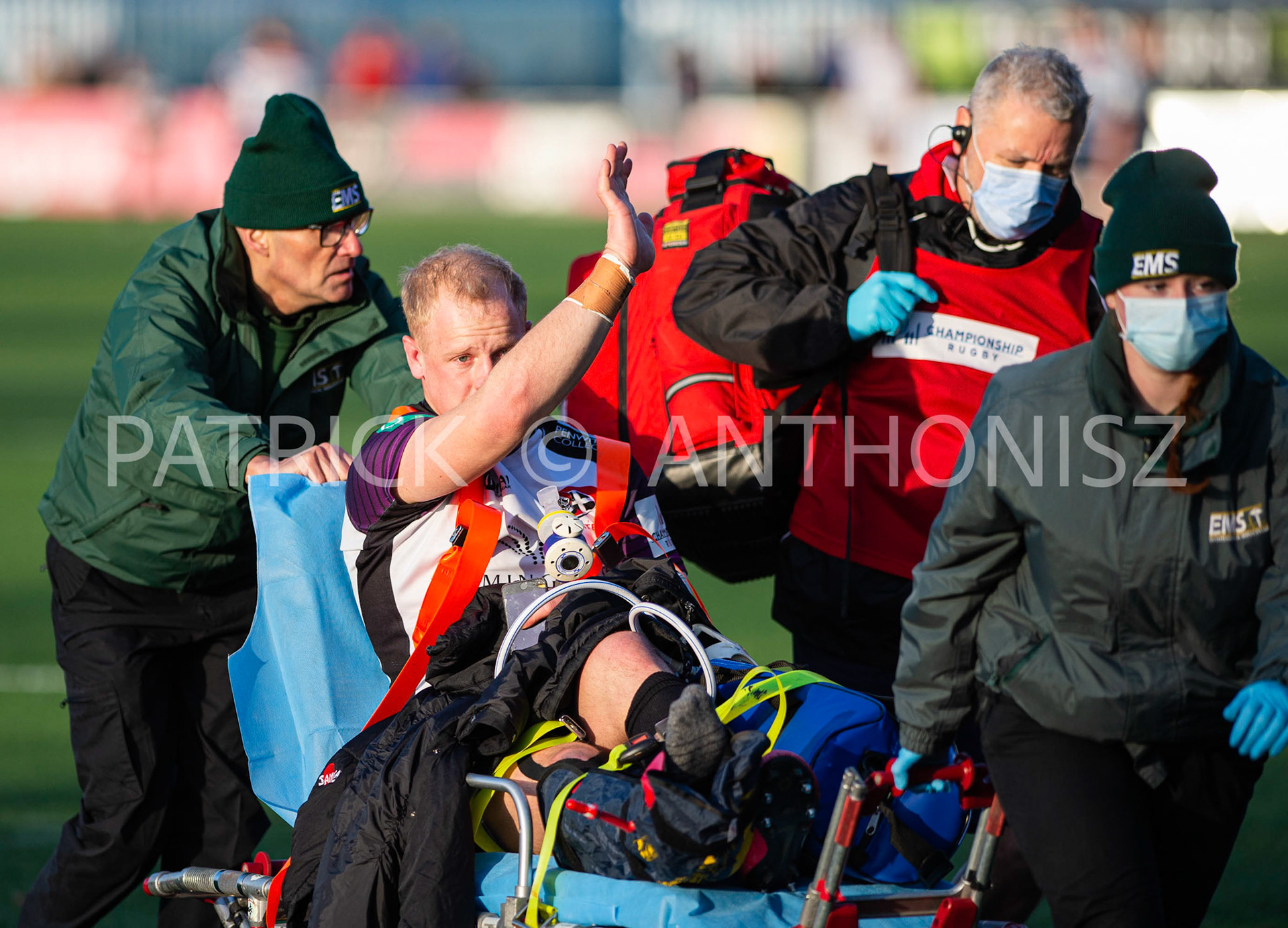 BUTTS PARK ARENA Coventry ,England 29th of January 2022 : Callum Patterson of Cornish  pirates is seen taken away after  an injury  during the  Greene King IPA Championship  match  between Coventry Rugby Vs Cornish Pirates  at Butts Park Arena Coventry UK .Final score: Coventry Rugby 21 :  31Cornish Pirates