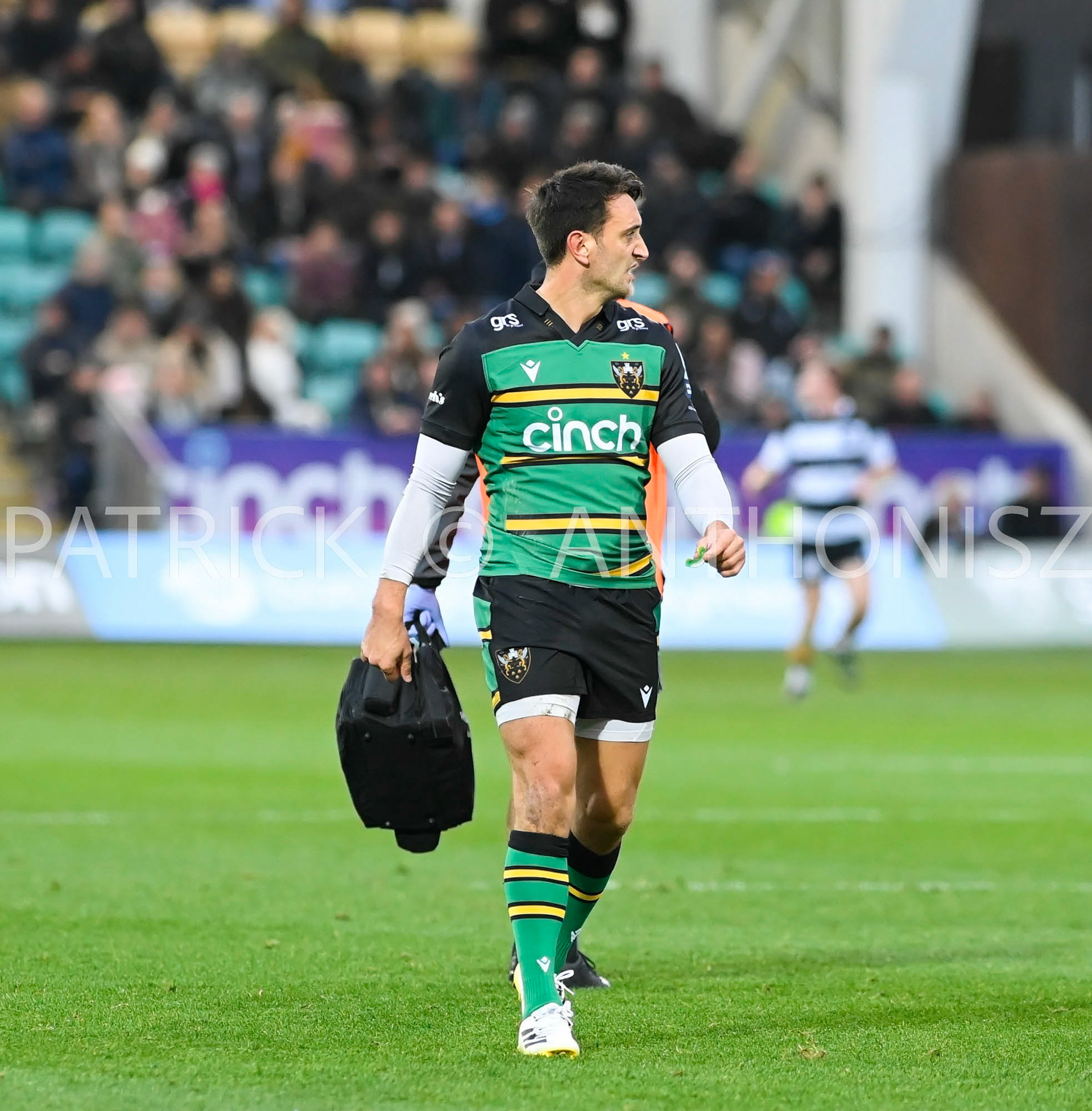 NORTHAMPTON, ENGLAND- Nov -26 - 2022 : Alex Mitchell during match  during the match between Northampton Saints and The Barbarians F C at Franklin's Gardens on November 26, 2022 in Northampton, England