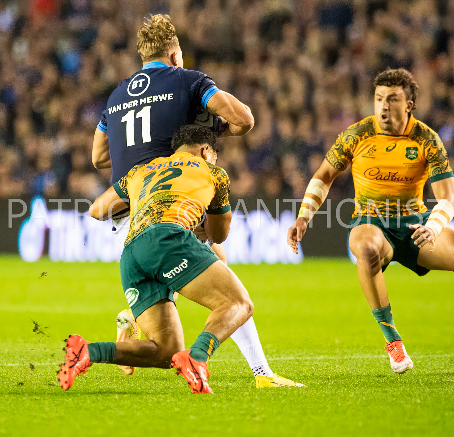Scotland  October 29th : Hunter Paisami of Australia brings down Duhan van der Merwe of Scotland  during the Rugby Union Autumn Internationals match between Australia Vs Scotland at BT Murrayfield Stadium Scotland 29th October 2022 Australia 16: Scotland  15