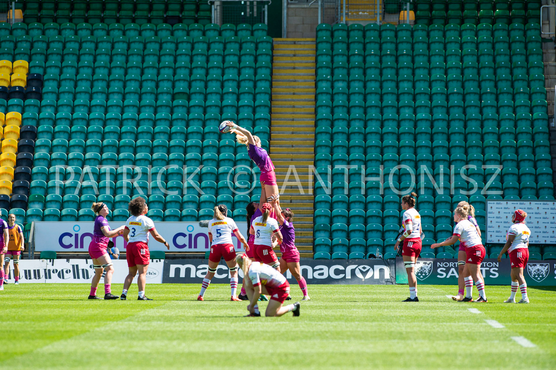 Northampton -14–May-2022. ABBY DUGUID of Loughborough gets the ball during the  Loughborough Lightning Vs Harlequins Womens  match at cinch Stadium Franklin's Gardens Northampton  .