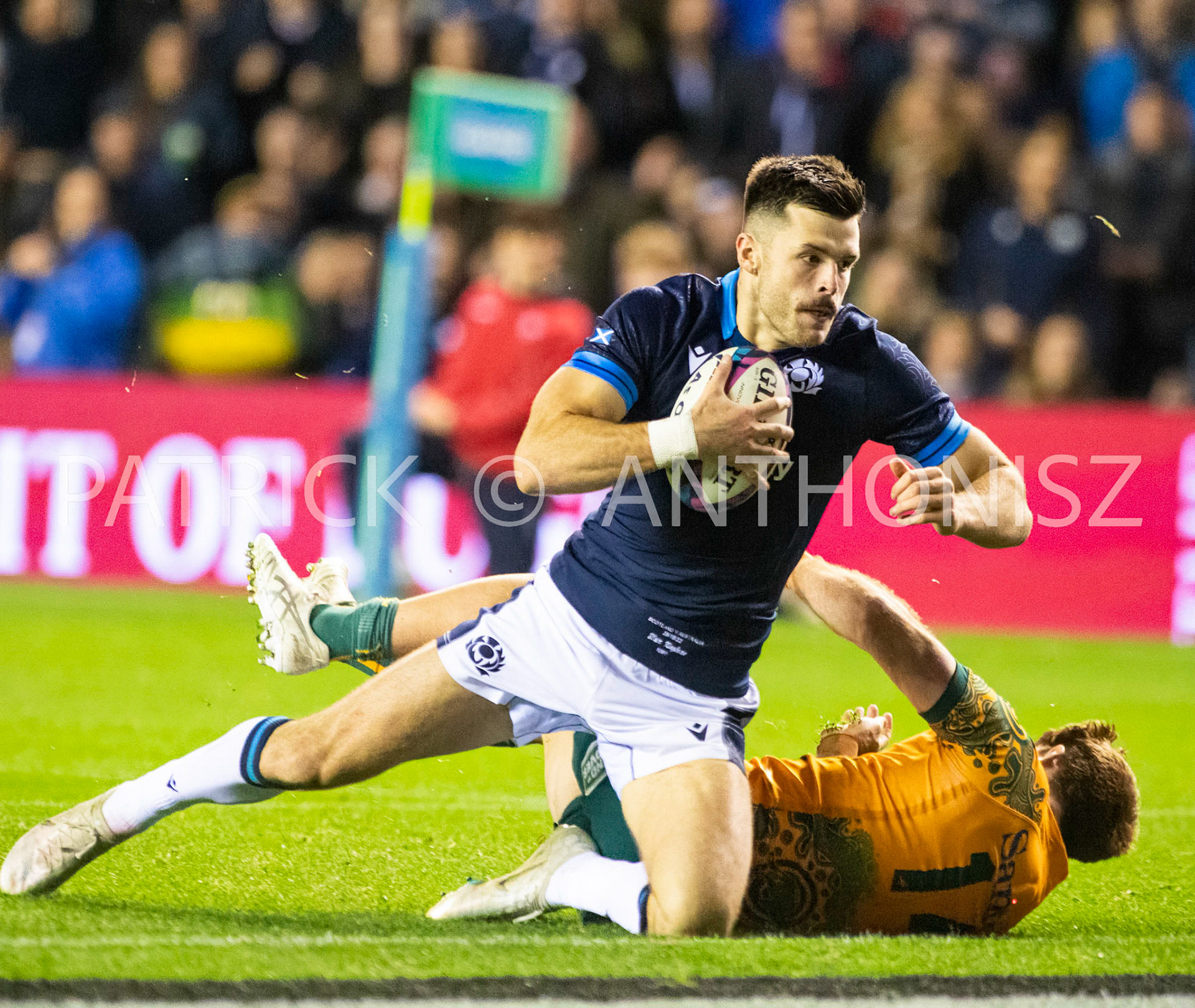 Scotland  October 29th : Blair Kinghorn of Scotland goes for a try during the Rugby Union Autumn Internationals match between Australia Vs Scotland at BT Murrayfield Stadium Scotland 29th October 2022 Australia  16: Scotland  15