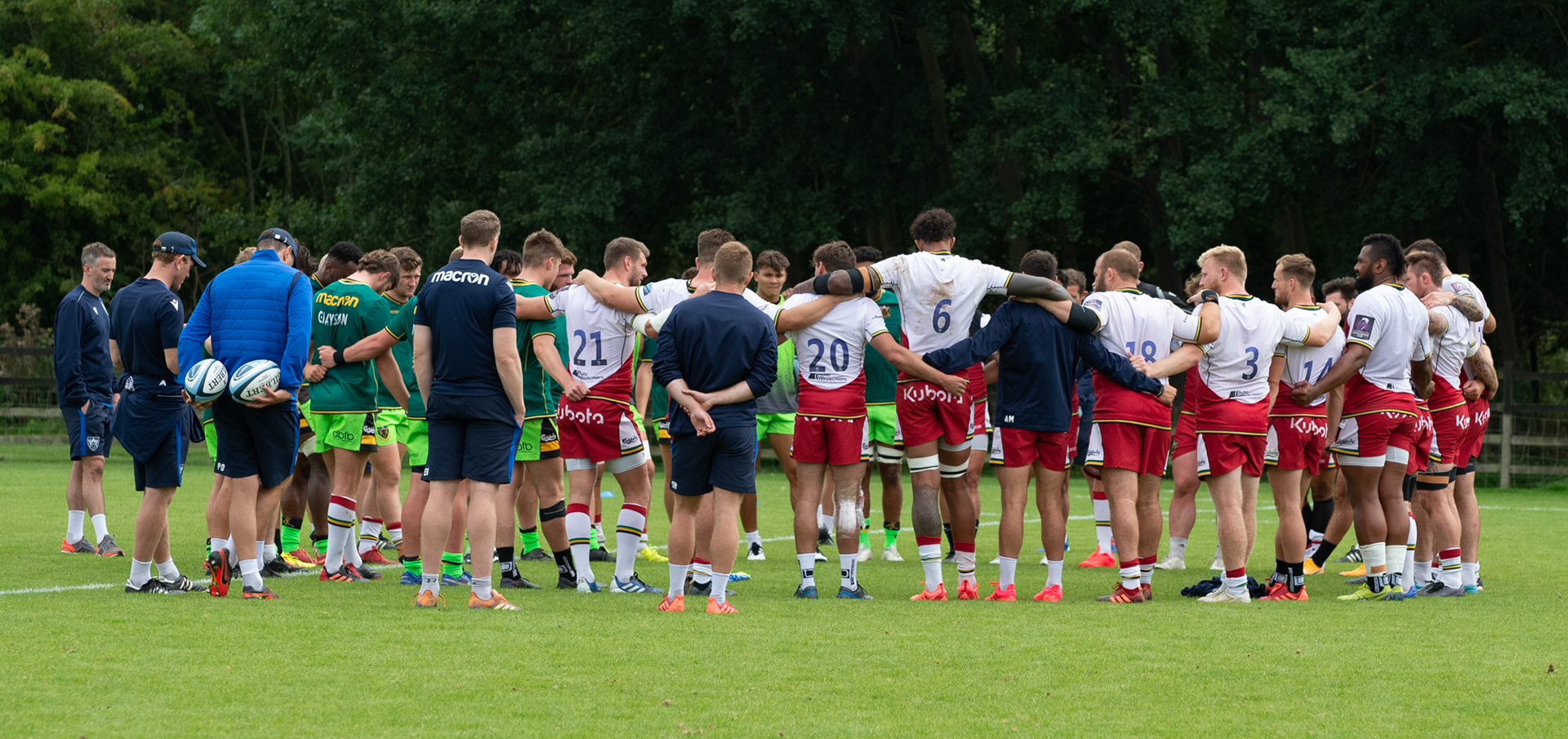 The Northampton Saints  team gathers  round for a team briefing on  training day  at  Franklin's Gardens Northampton.
