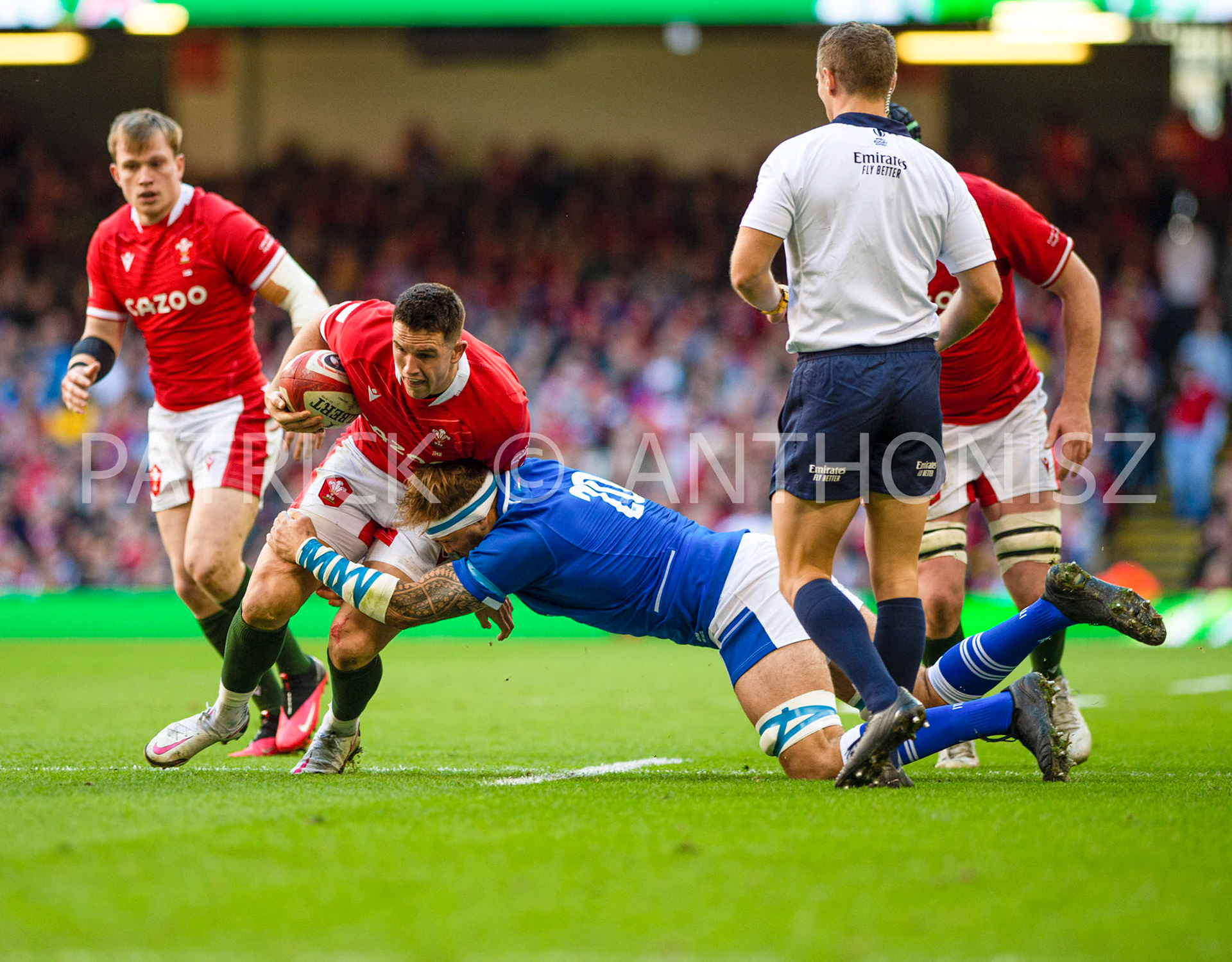 Wales v Italy Guinness Six Nations Cardiff, UK.19th Mar, 2022.Owen Watkin of Wales is put down by Niccolò Cannone of Italy  during the Guinness Six Nations Championship 2022 match, Wales v Italy at the Principality Stadium in Cardiff