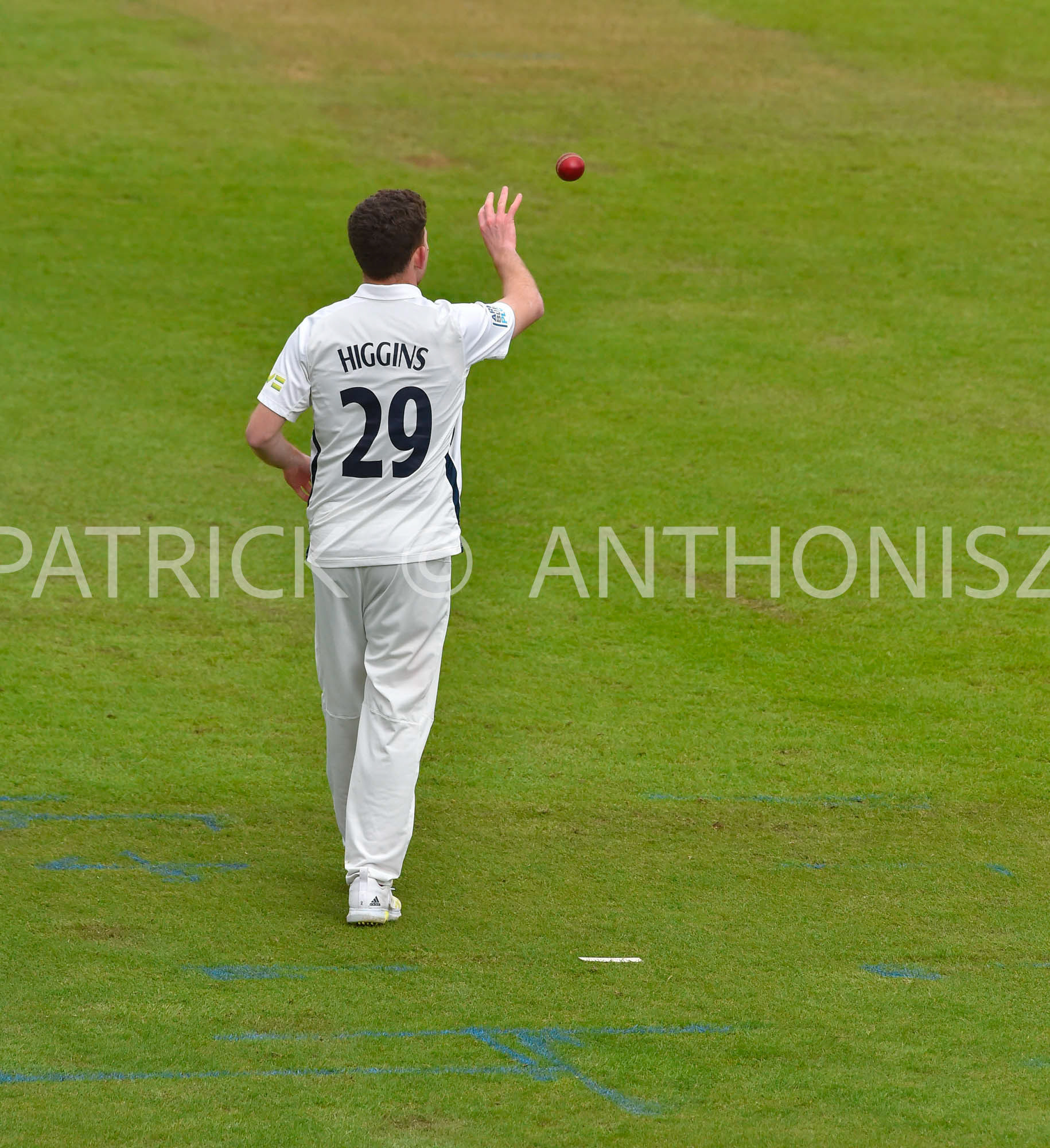 NORTHAMPTON, ENGLAND - April 15 2023 : RYAN HIGGINS keeps his eye on the ball during the  Day 3 of the LV= Insurance County Championship match between Northamptonshire and   Sat  April  15 at The County Ground  in Northampton, England.