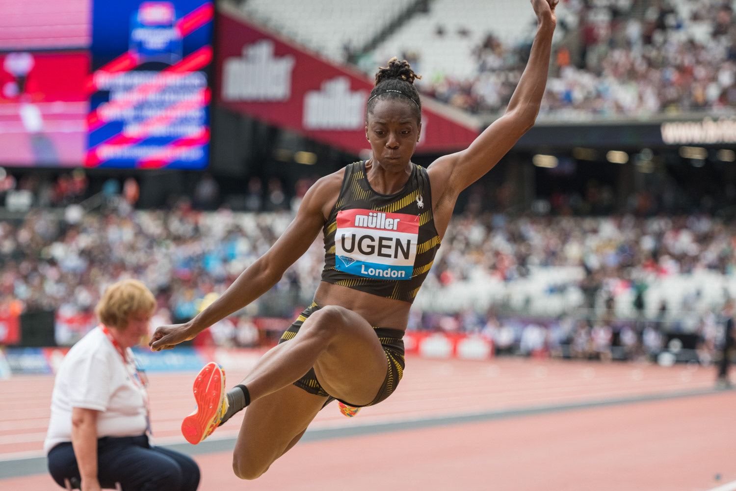 LONDON, ENGLAND - JULY 21: Lorraine Ugen of Great Britain competes in the Women's Long Jump  Day Two of the Muller Anniversary Games IAAF Diamond League  London Stadium on July 21, 2019 London, England