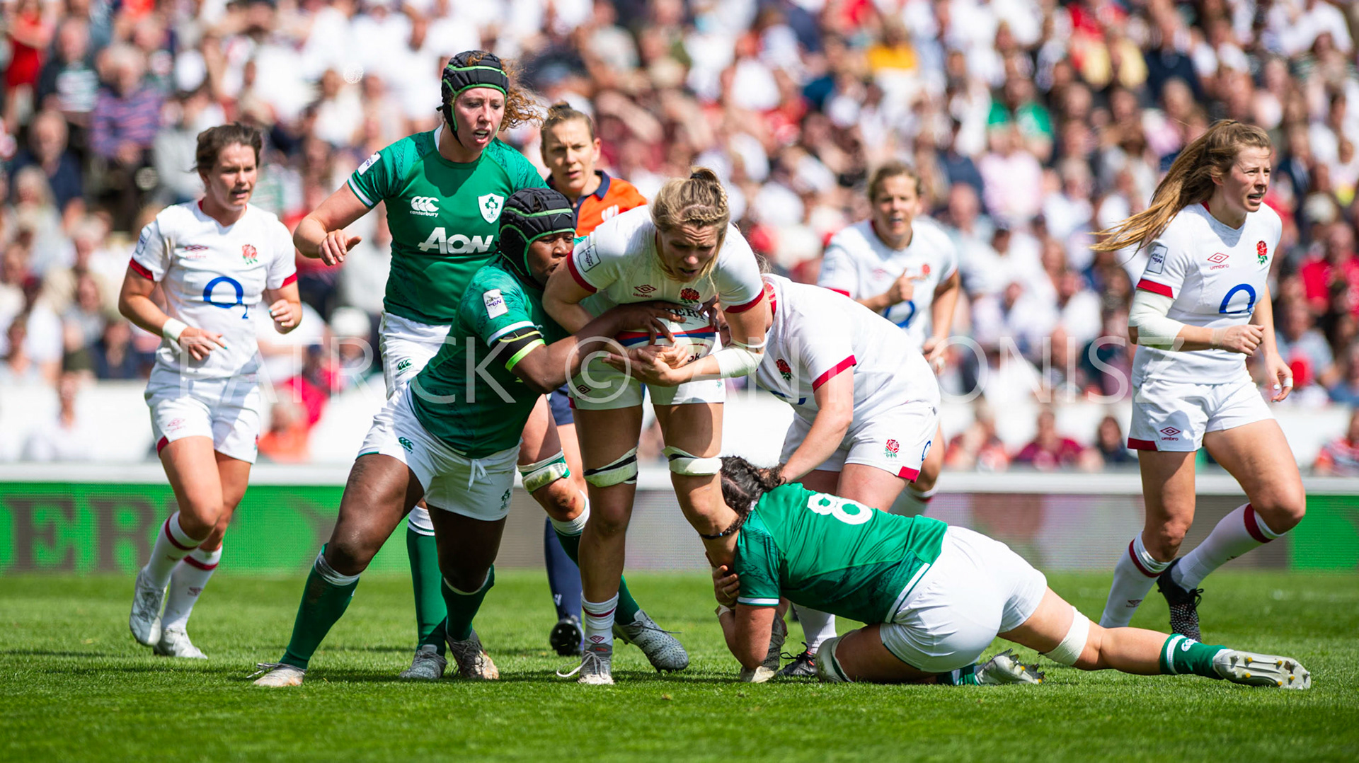 24th - April  2022 : Zoe Aldcroft England  is drought down by Hannah O’Connor Ireland during the England Vs Ireland round 4    TikTok Women's Six Nations at  Mattioli  Woods Welford Road.