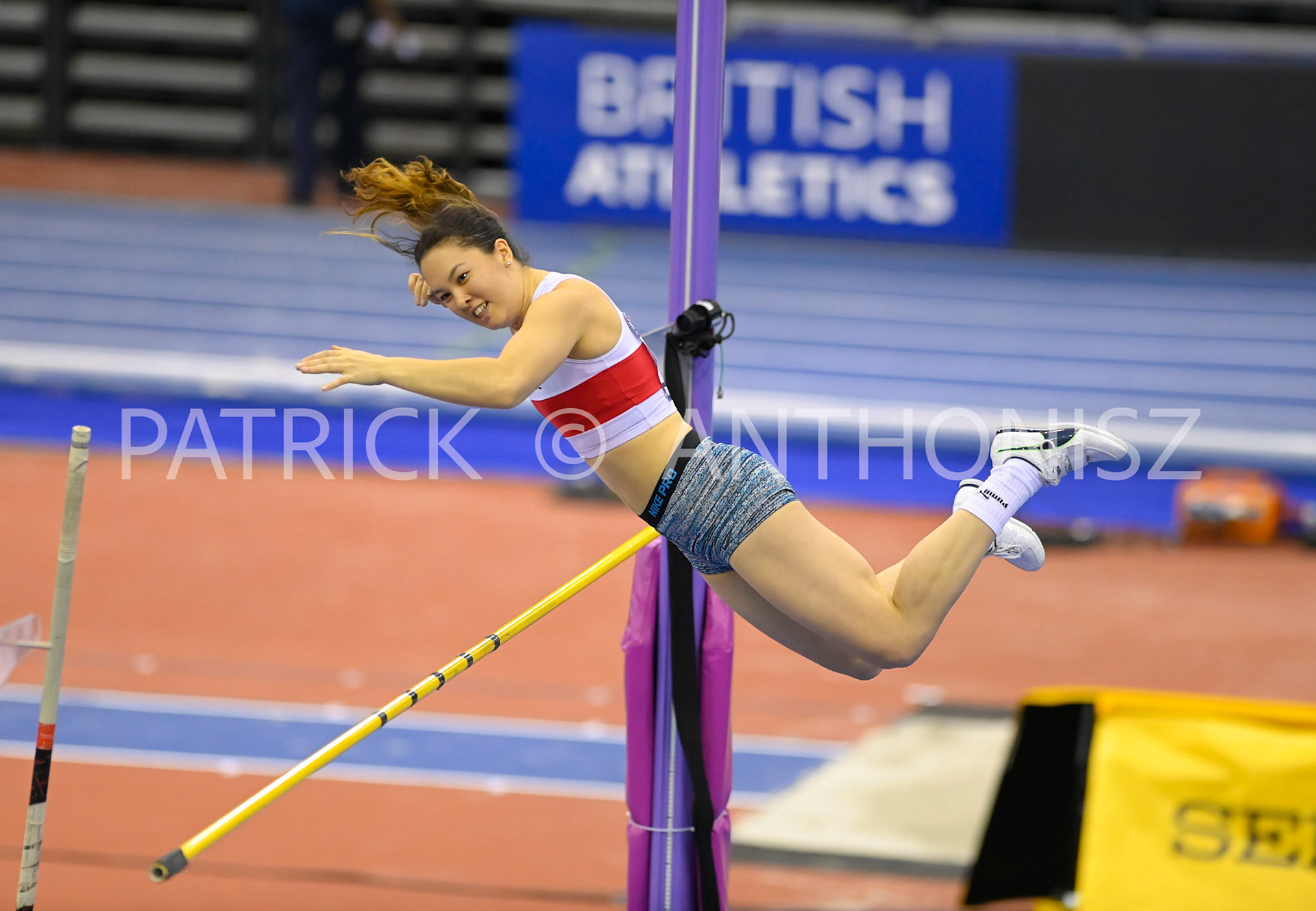 BIRMINGHAM, ENGLAND - FEBRUARY 18:Esther Leong in the Pole Vault during day 1 at the UK Athletics Indoor Championships at the Utilita Arena, Birmingham , England