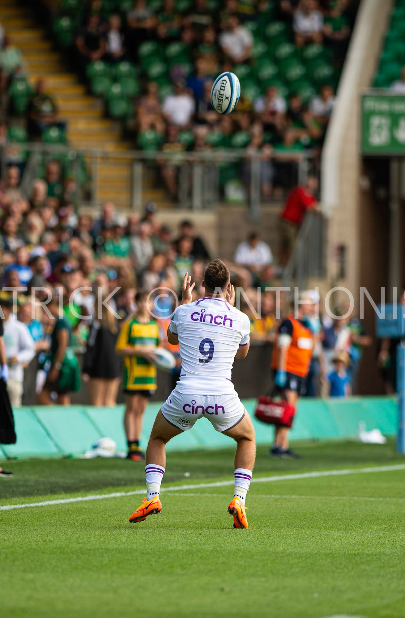 NORTHAMPTON, ENGLAND - August 27 : 2022  Tom James of Northampton goes for the ball during the match between Northampton Saints and Bedford Blues   at Franklin's Gardens on August 27  2022 in Northampton, England.