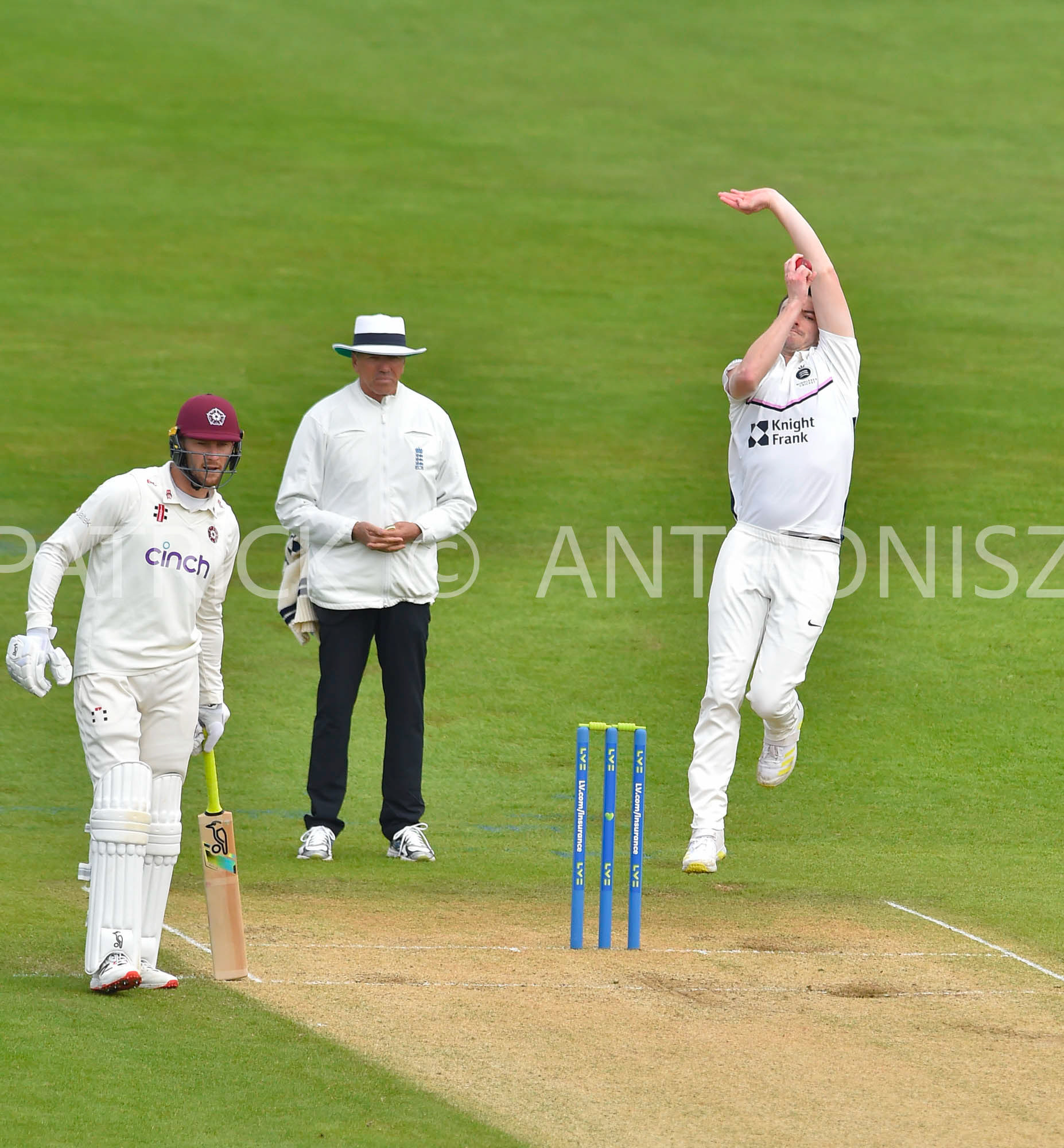 NORTHAMPTON, ENGLAND - April 15 2023 : TOBY ROLAND-JONES of Middlesex in action Day 3 of the LV= Insurance County Championship match between Northamptonshire and   Sat  April  15 at The County Ground  in Northampton, England.