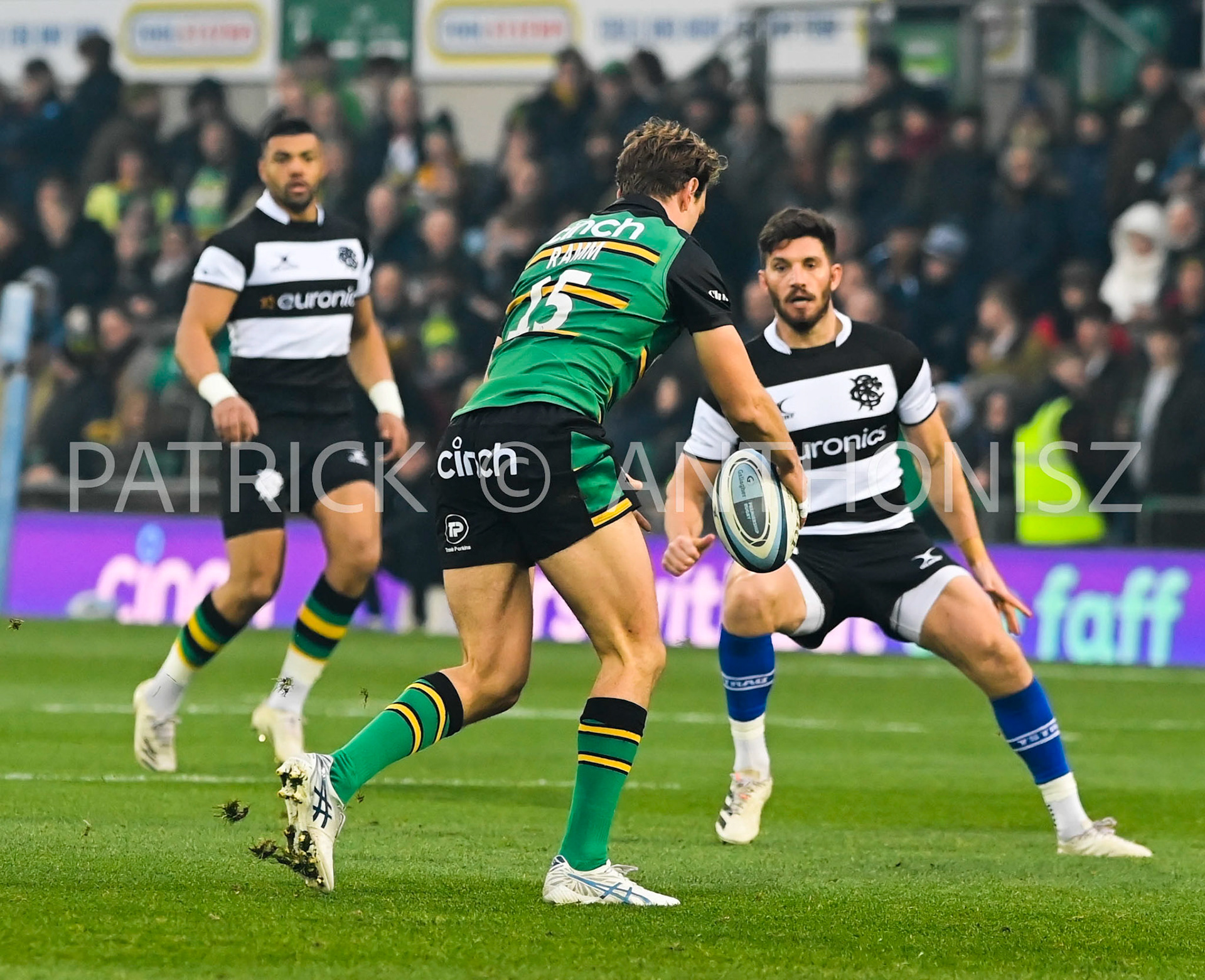 NORTHAMPTON, ENGLAND- Nov -26 - 2022 : James Ramm  of Northampton Saints goes for the ball  during the match between Northampton Saints and The Barbarians F C at Franklin's Gardens on November 26, 2022 in Northampton, England