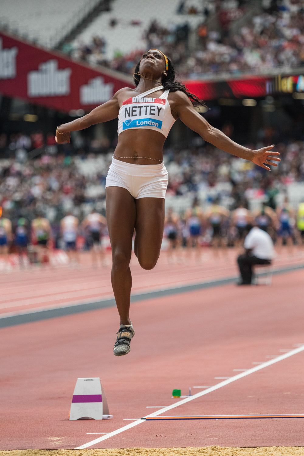 LONDON, ENGLAND - JULY 21: Christabel Nettey of Canada competes in the Women's Long Jump during Day Two  Muller Anniversary Games IAAF Diamond League  at the London Stadium on July 21, 2019 in London, England.