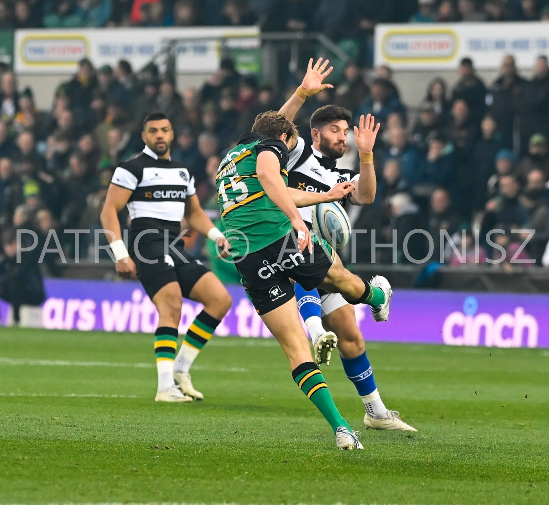 NORTHAMPTON, ENGLAND- Nov -26 - 2022 : James Ramm  of Northampton Saints goes for a kick during the match between Northampton Saints and The Barbarians F C at Franklin's Gardens on November 26, 2022 in Northampton, England