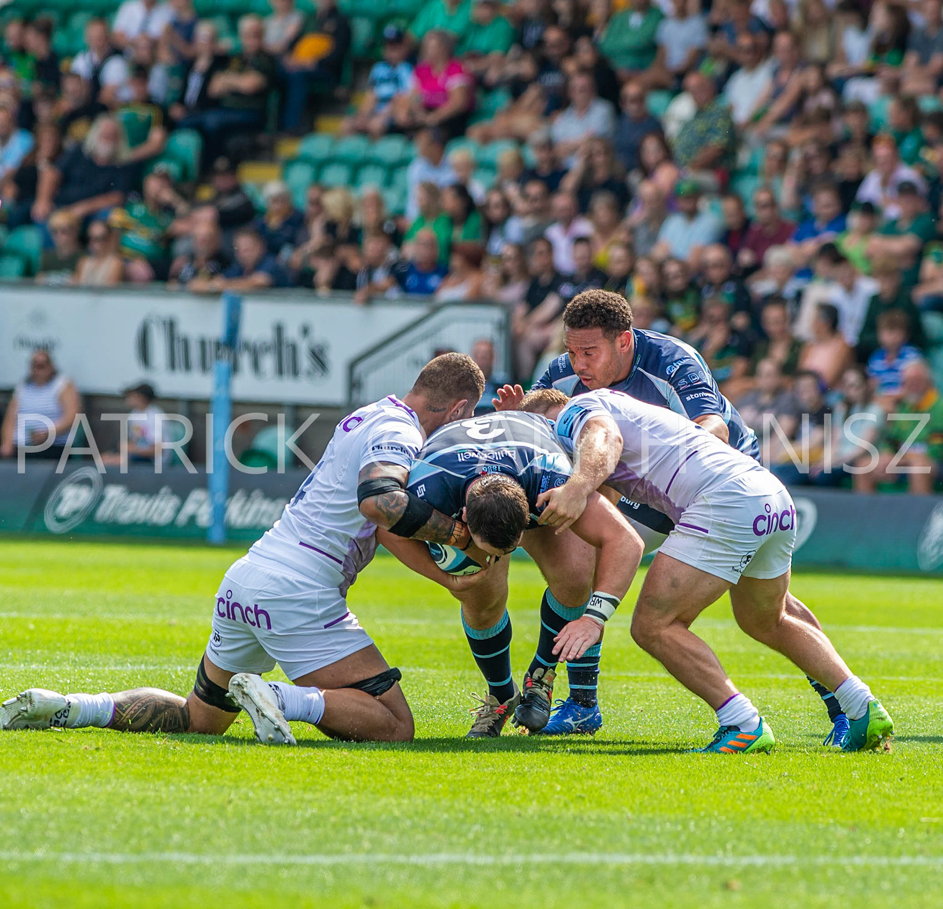 NORTHAMPTON, ENGLAND - August 27 : 2022 Corrie Barrett of Bedford blues tries to  break away during the match between Northampton Saints and Bedford Blues   at Franklin's Gardens on August 27  2022 in Northampton, England.