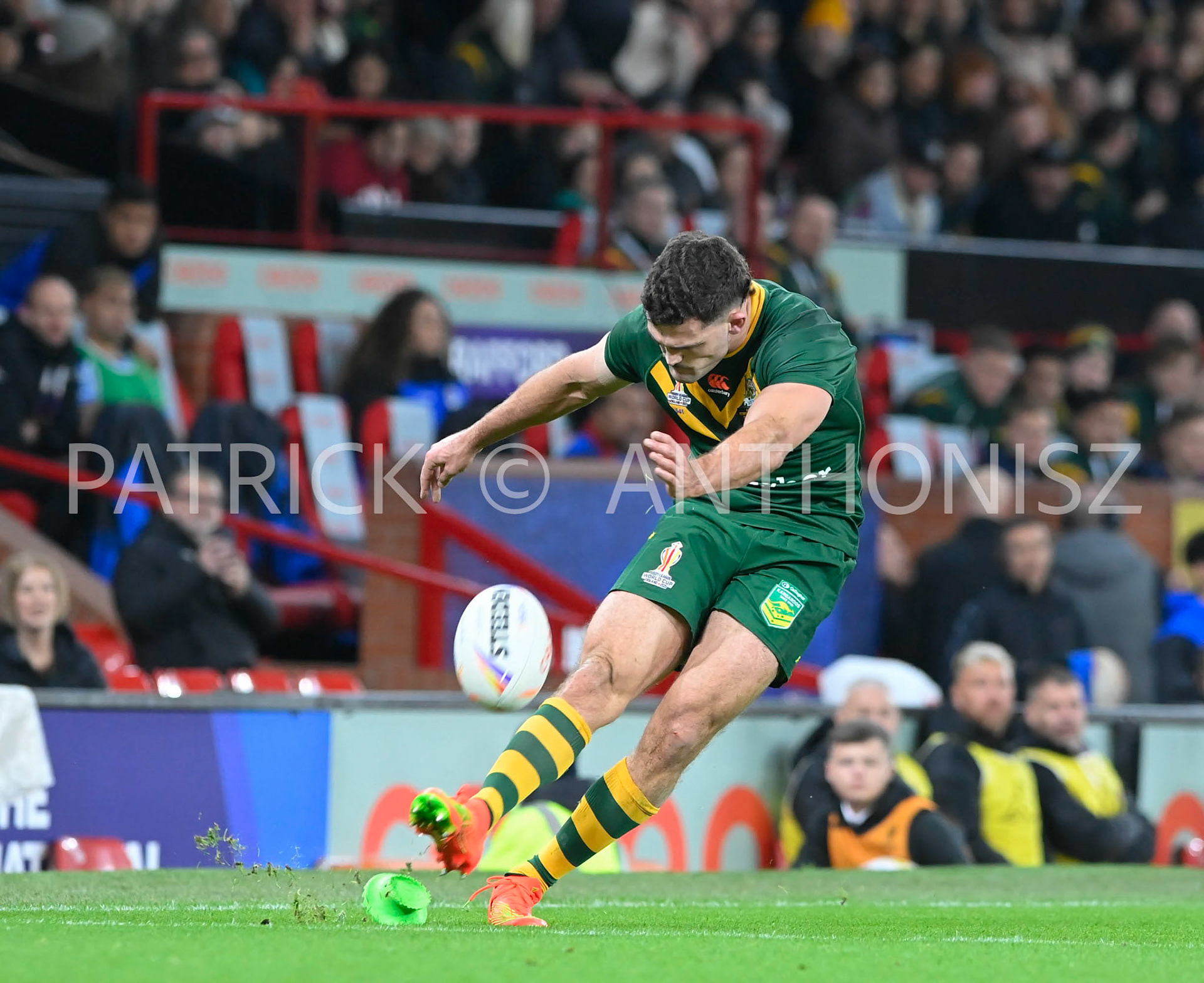 Manchester   ENGLAND - NOVEMBER 19.Nathan Cleary of Australia in action  during  the Rugby league World Cup Mens Final  between Australia and Samoa at the  Old Trafford  Stadium on November 19 - 2022 in Manchester England.