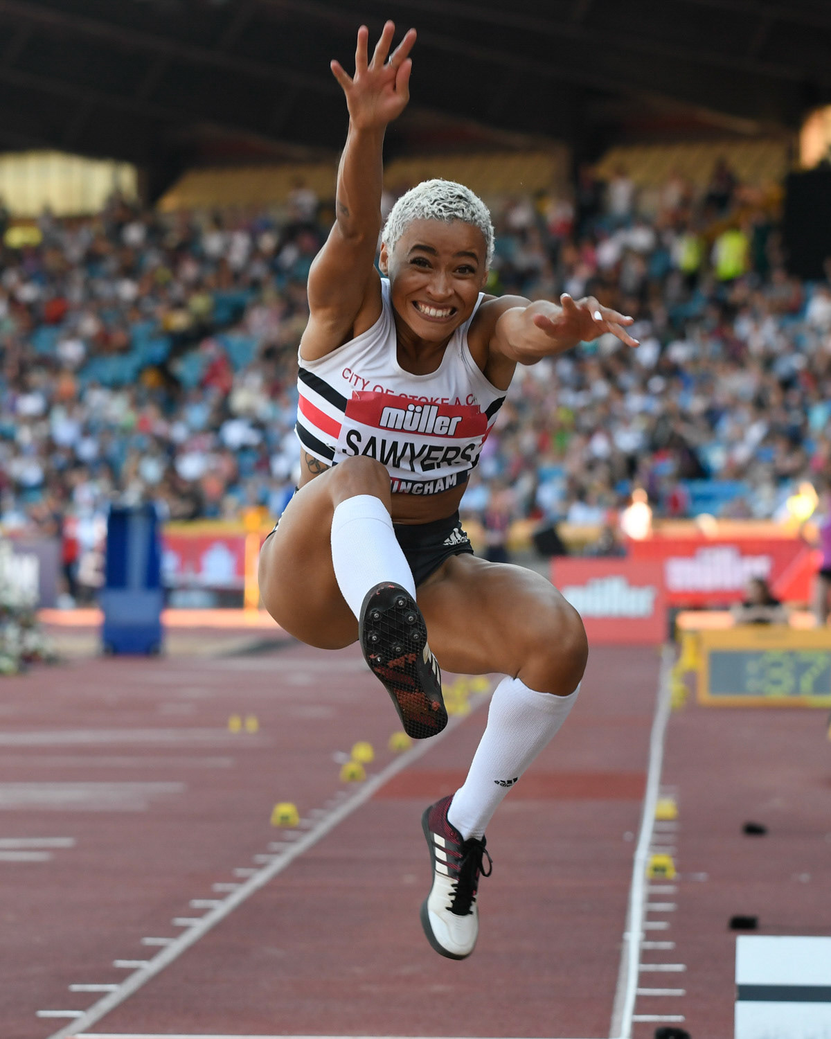 Birmingham, UK. 25th August, 2019. Jazmin SAWERS  of  CITY OF STOKE   in  action during  the  women’s Long Jump at the Muller British Athletics Championships  Alexander Stadium, Birmingham, England