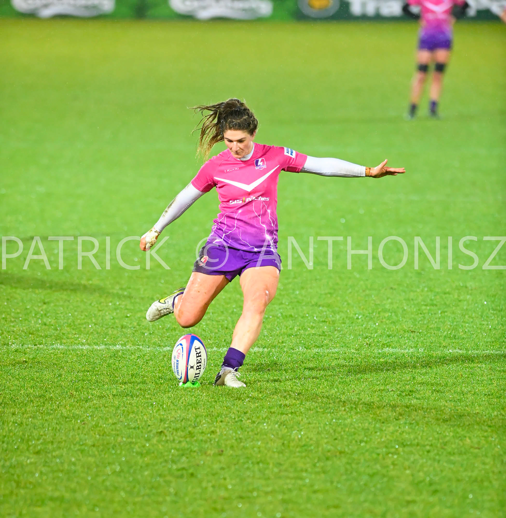 NORTHAMPTON, ENGLAND : Helen Nelson of Loughborough Lightning takes a conversion during Women's Allianz Premiership 15's match between Loughborough Lightning and  Wasps at Franklin's Gardens on  Sunday January  8 2023 in Northampton, England