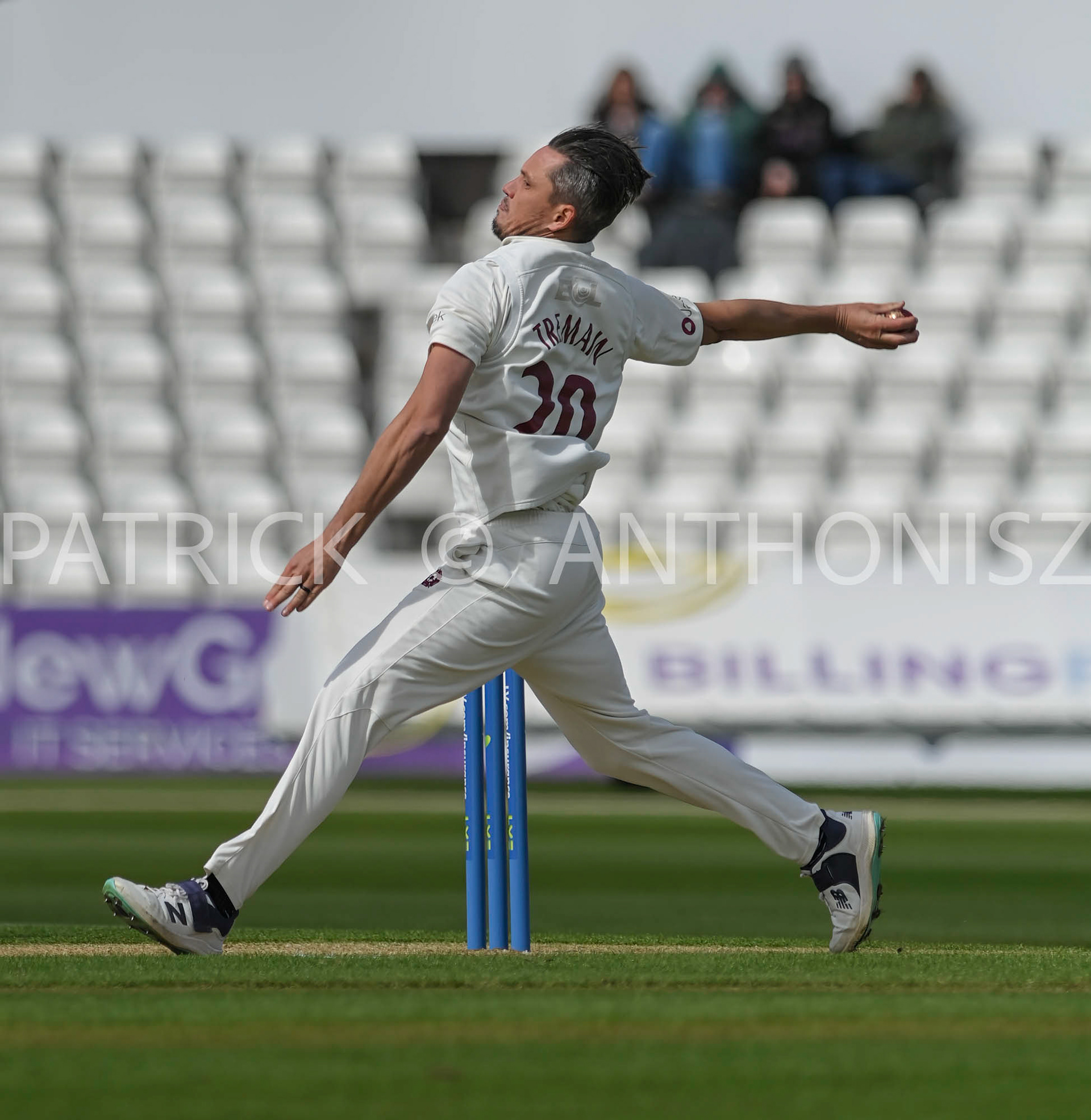 NORTHAMPTON, ENGLAND - April 13: Chris Tremain of Northampton in action during the  Day One of the LV= Insurance County Championship match between Northamptonshire and  Middlesex Thu 13 April  at The County Ground  in Northampton, England.