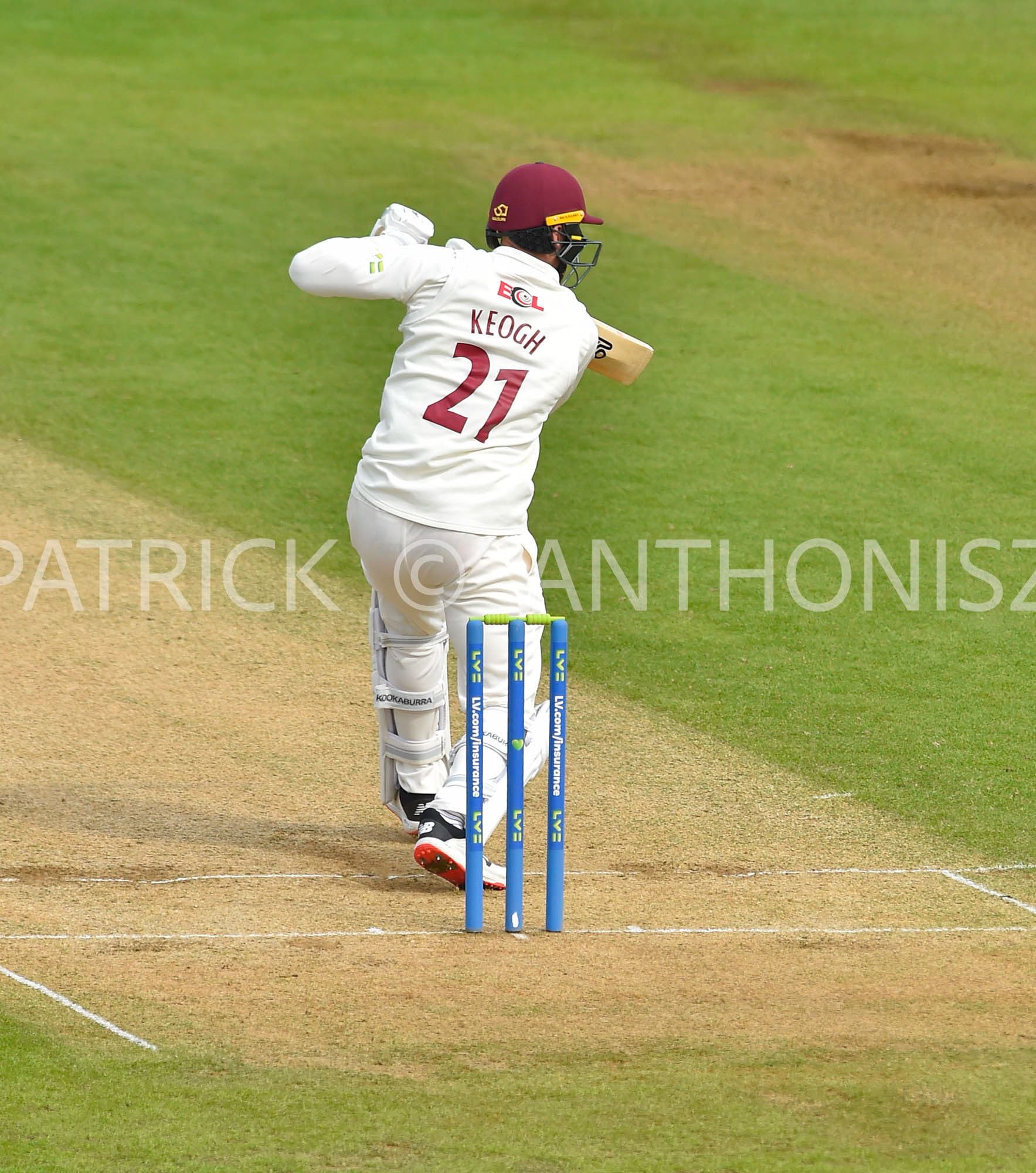NORTHAMPTON, ENGLAND - April 15 2023 : Rob Keogh of Northampton in action Day 3 of the LV= Insurance County Championship match between Northamptonshire and   Sat  April  15 at The County Ground  in Northampton, England.