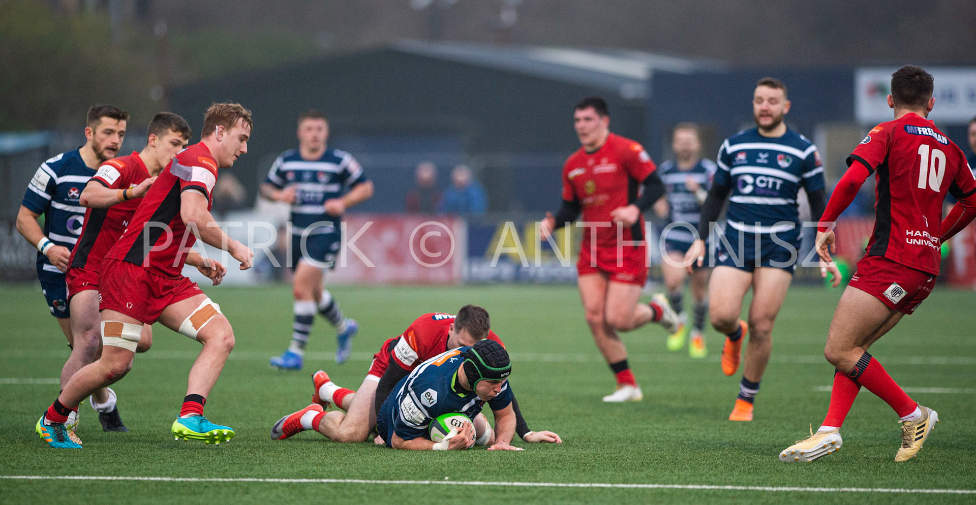 BUTTS PARK ARENA Coventry ,England 15th of January 2022 : Adam Peters of Coventryis stop by BEN FOLEY of Hartpury Rugby during the  Greene King IPA Championship  match Round 14 between Coventry Rugby Vs Hartpury University  at Butts Park Arena Coventry UK .Final score: Coventry Rugby  34:  33 Hartpury University Rugby .