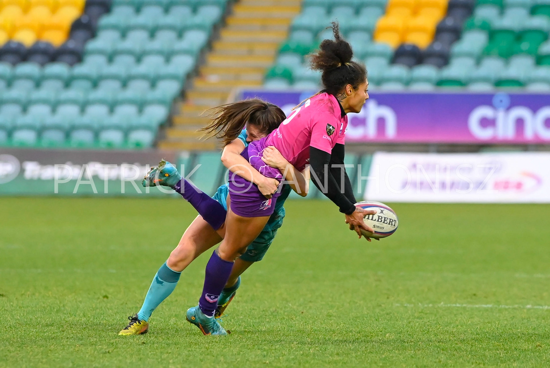 NORTHAMPTON, ENGLAND : Bulou Mataitoga Loughborough Lightning brought by Sian McGuinness  Wasps during Women's Allianz Premiership 15's match between Loughborough Lightning and  Wasps at Franklin's Gardens on  Sunday January  8 2023 in Northampton, England