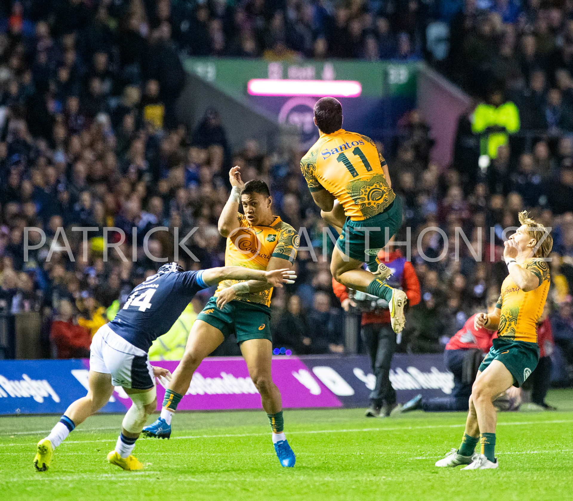 Scotland  October 29th : Tom Wright of Australia goes for a high  ball  during the Rugby Union Autumn Internationals match between Australia Vs Scotland at BT Murrayfield Stadium Scotland 29th October 2022 Australia 16: Scotland  15
