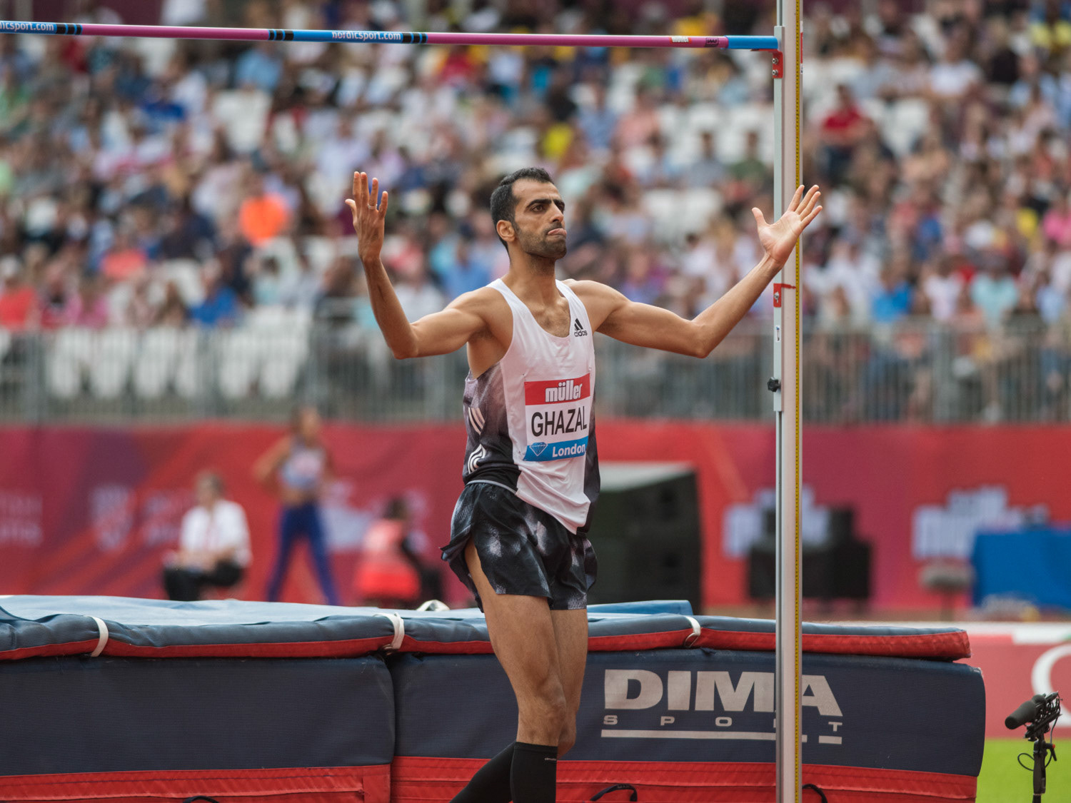 LONDON, ENGLAND - JULY 21: Majd Eddin Ghazal of Syria competes in the Men's High Jump during Day Two at the Muller Anniversary Games IAAF Diamond League at the London Stadium on July 21, 2019 in London, England.