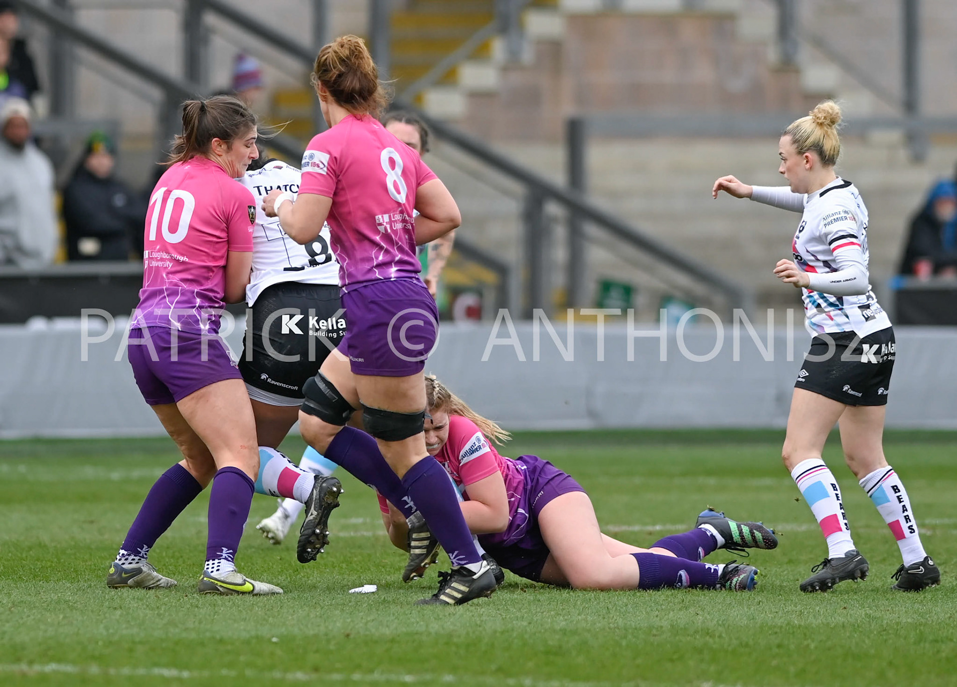 NORTHAMPTON, ENGLAND- Sat-4-2023: Rownita Marston of Bristol Bears is stop by no 10 Helen Nelson of LOUGHBOROUGH and no 15 Chloe Rollie   during the match between  Loughborough Lightning and Bristol Bears at Franklin's Gardens on Sat-4-2023 in Northampton, England