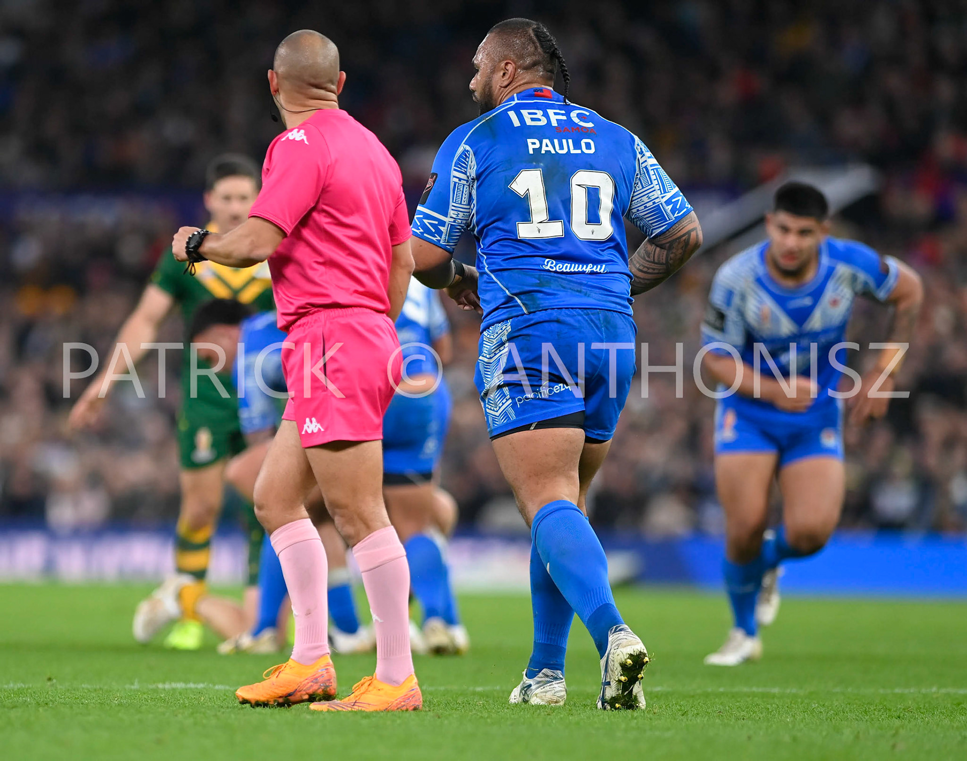 Manchester   ENGLAND - NOVEMBER 19. Junior Paulo of Samoa is seen during  the Rugby league World Cup Mens Final  between Australia and Samoa at the  Old Trafford Stadium on November 19 - 2022 in Manchester England.