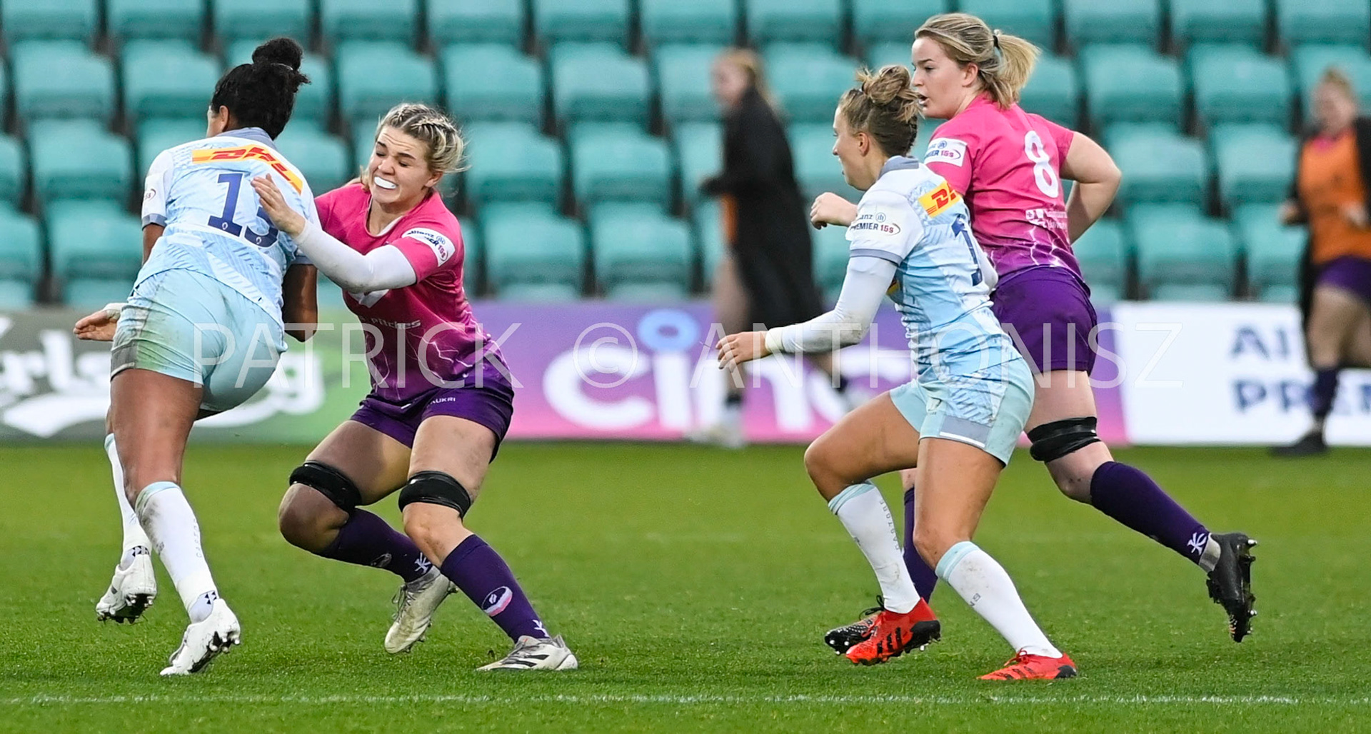 NORTHAMPTON, ENGLAND- Nov -27 - 2022 : Lilli Ives Campion takes down Lagi Tuima  during the match between Loughborough Lightning Vs Harlequins at Franklin's Gardens on November 27, 2022 in Northampton, England