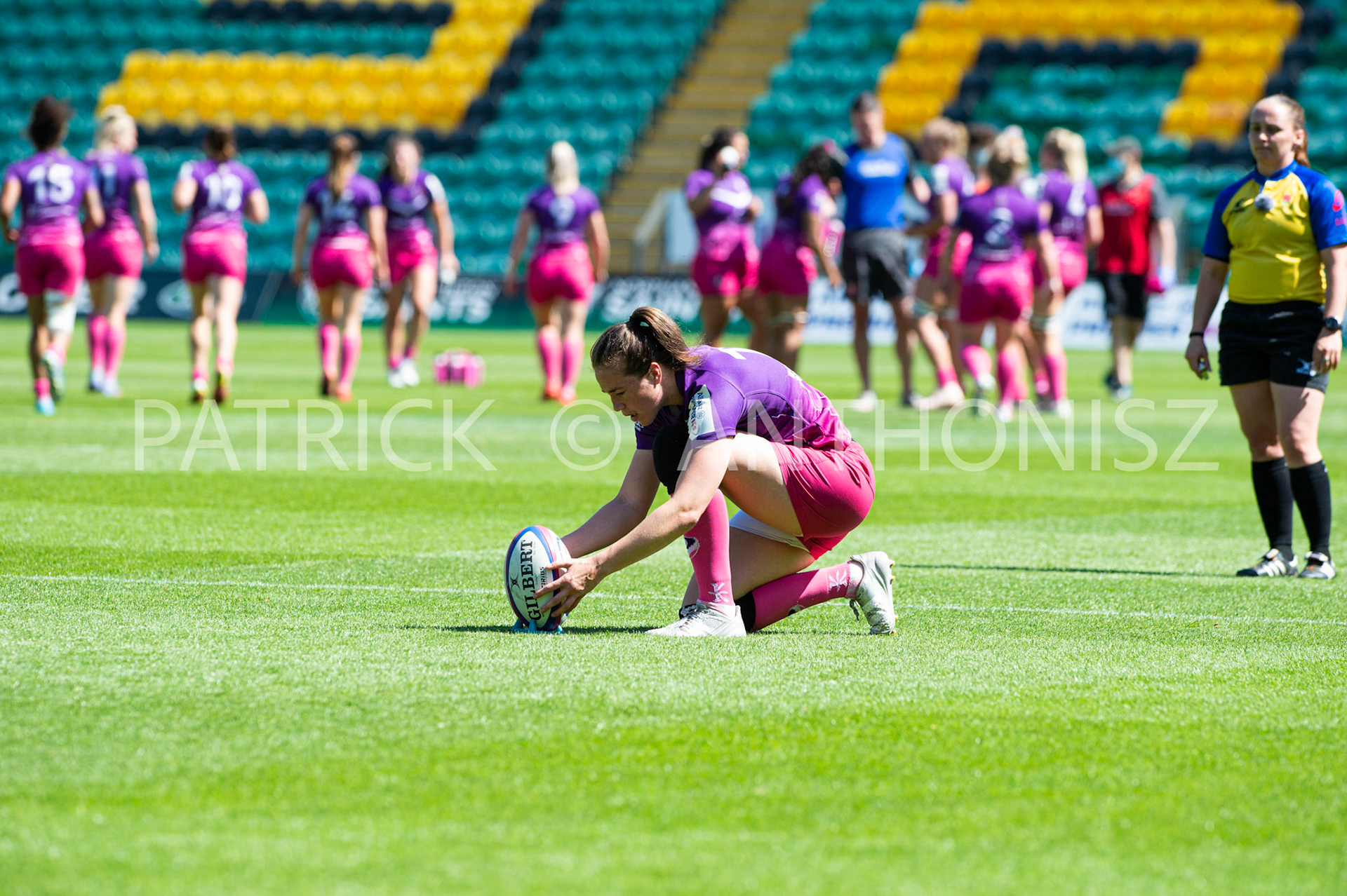 Northampton -14–May-2022.EMILY SCARRATT (CAPTAIN) of Loughborough goes for a kick during the   Loughborough Lightning Vs Harlequins Womens match at cinch Stadium Franklin's Gardens Northampton  .