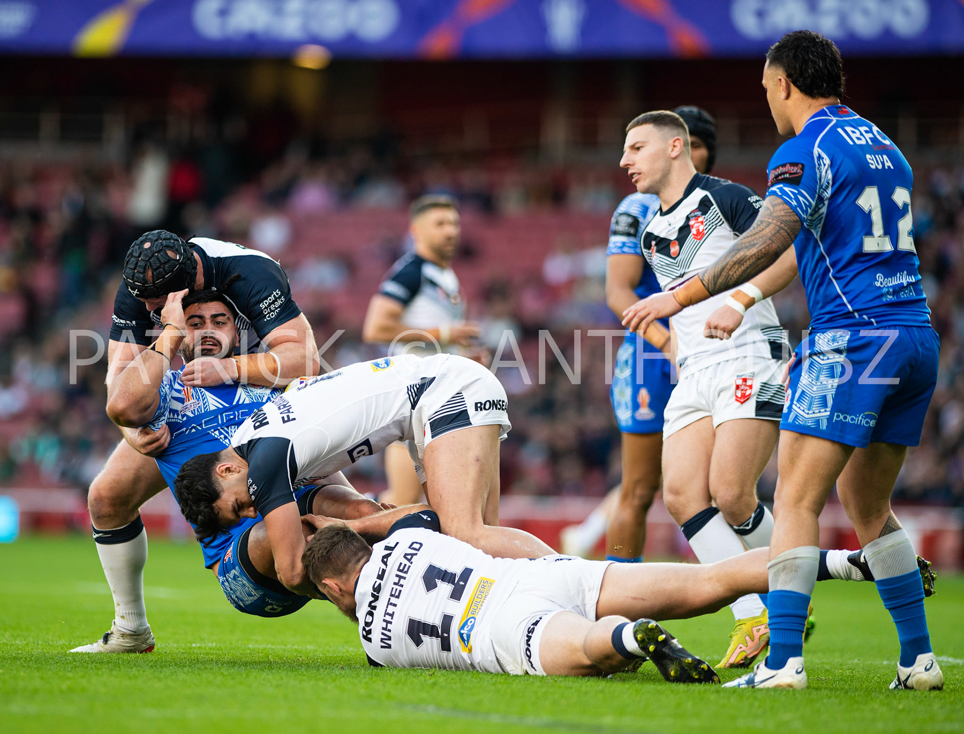 London  ENGLAND - NOVEMBER 12. NO 11 Elliott Whitehead of England in action during  the  Semi Final between England and Samoa at the Emirates Stadium on November 12 - 2022 in London, England.