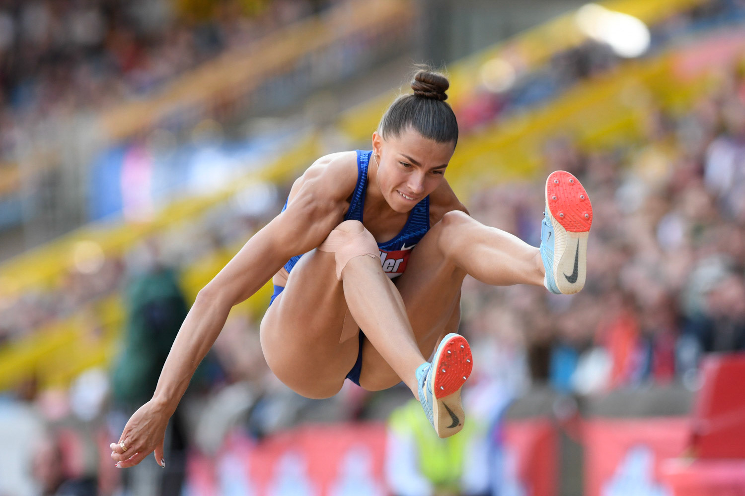 Birmingham. UK.. 18 August 2019.Maryna Bekh-Romanchuk (UKR)  in  action in the womens long jump at the   Muller Grand Prix. IAAF Diamond League athletics. Alexander stadium. Birmingham
