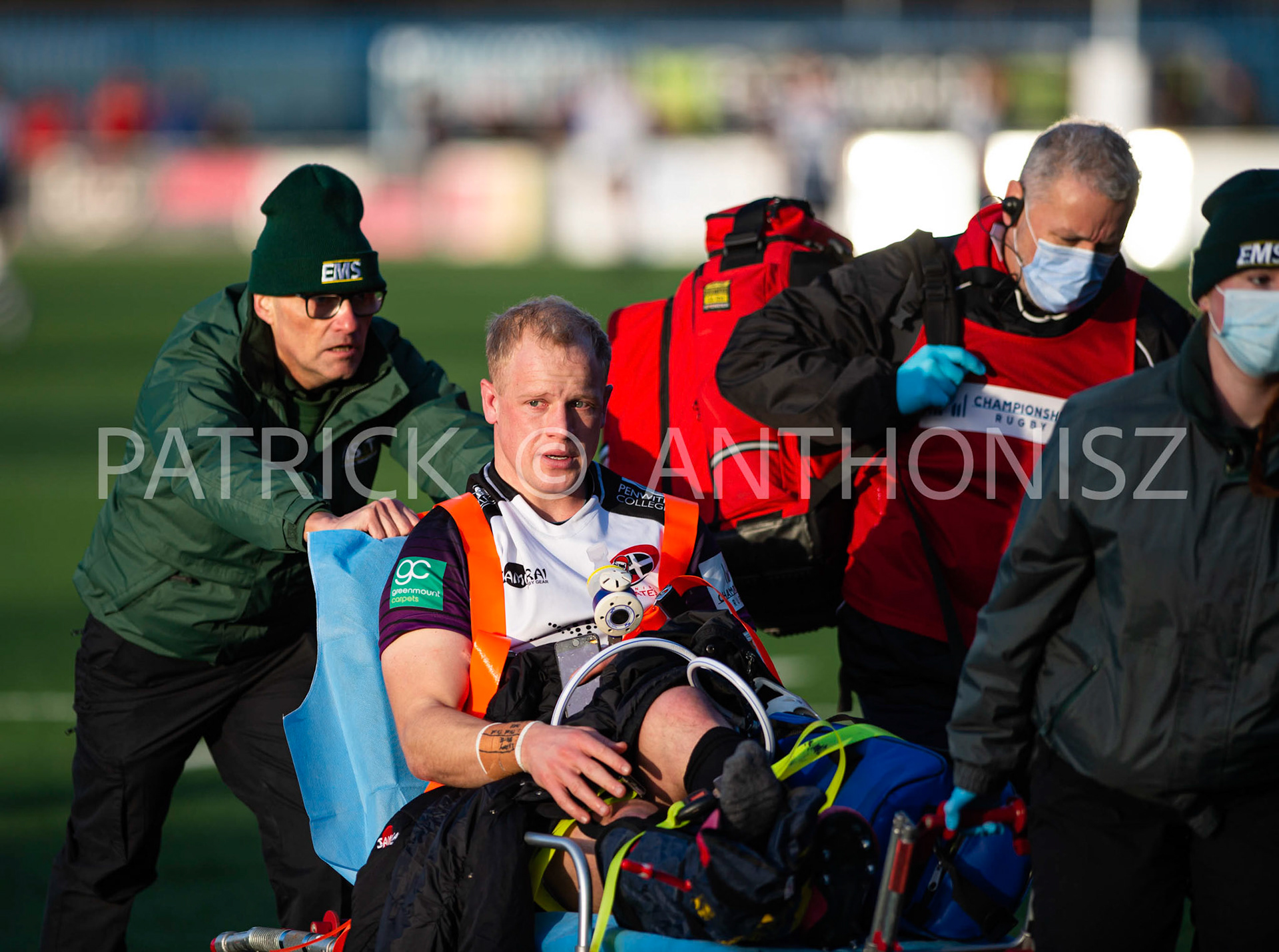 BUTTS PARK ARENA Coventry ,England 29th of January 2022 : Callum Patterson of Cornish  pirates is seen taken away after  an injury  during the  Greene King IPA Championship  match  between Coventry Rugby Vs Cornish Pirates  at Butts Park Arena Coventry UK .Final score: Coventry Rugby 21 :  31Cornish Pirates