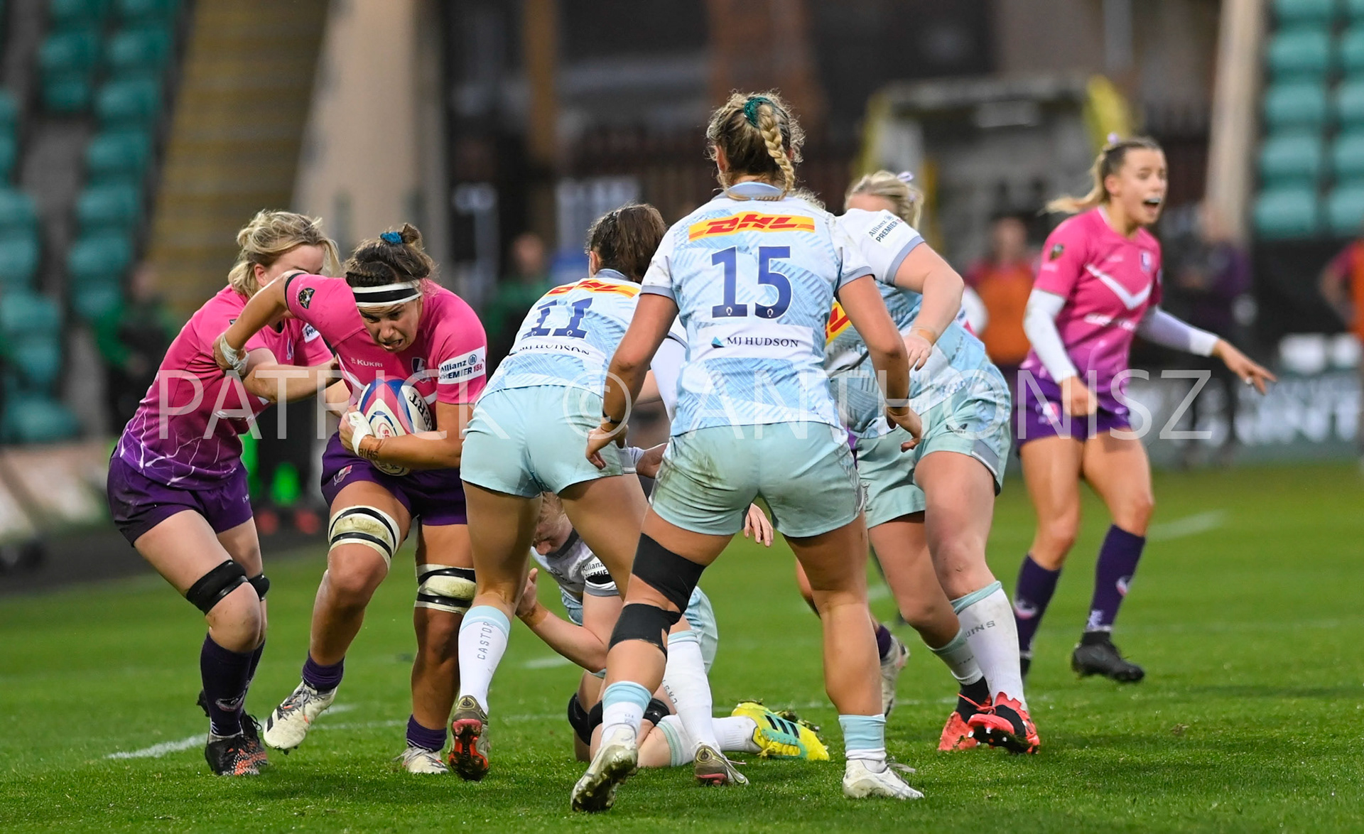NORTHAMPTON, ENGLAND- Nov -27 - 2022 : Rachel Malcolm (c) of Loughborough Lightning runs with the ball  during the match between Loughborough Lightning Vs Harlequins at Franklin's Gardens on November 27, 2022 in Northampton, England