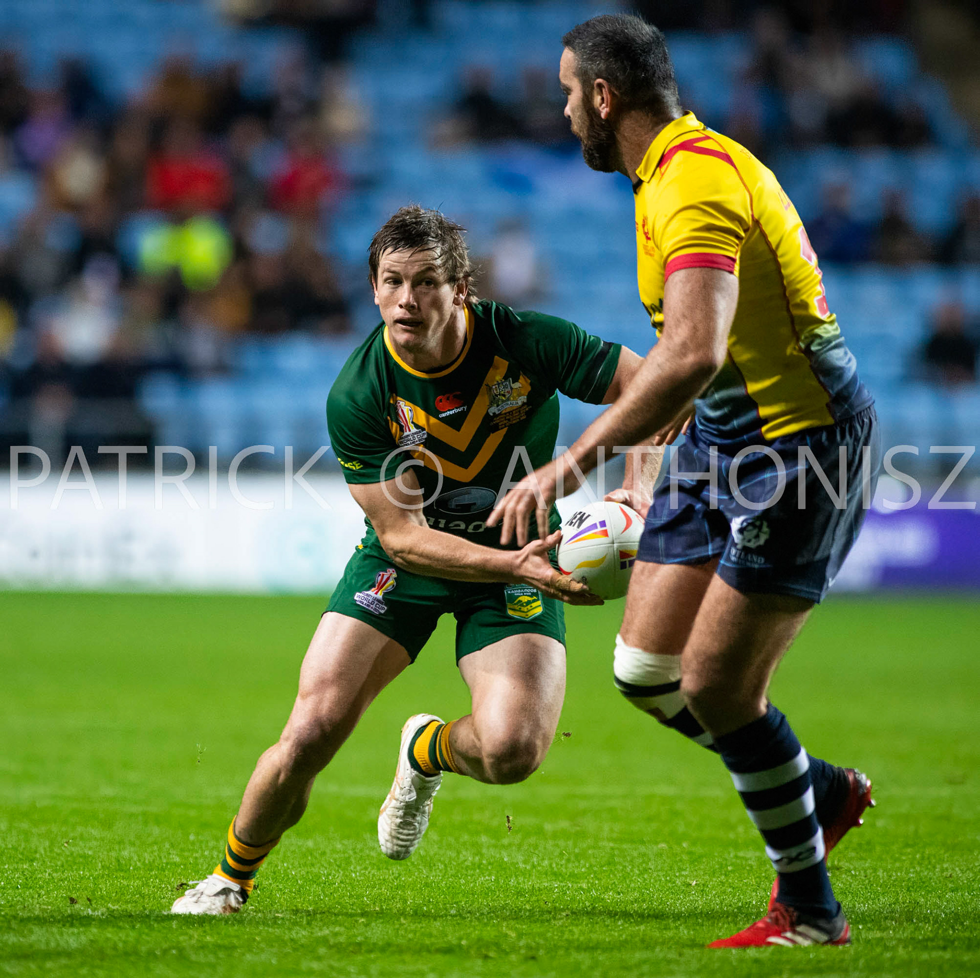Coventry England  21st October: Harry Grant of Australia runs with  the ball during the Rugby League World Cup 2021 between Australia Vs Scotland  at  Coventry Building Society Arena on 21st October 2022 Australia 84: Scotland 0