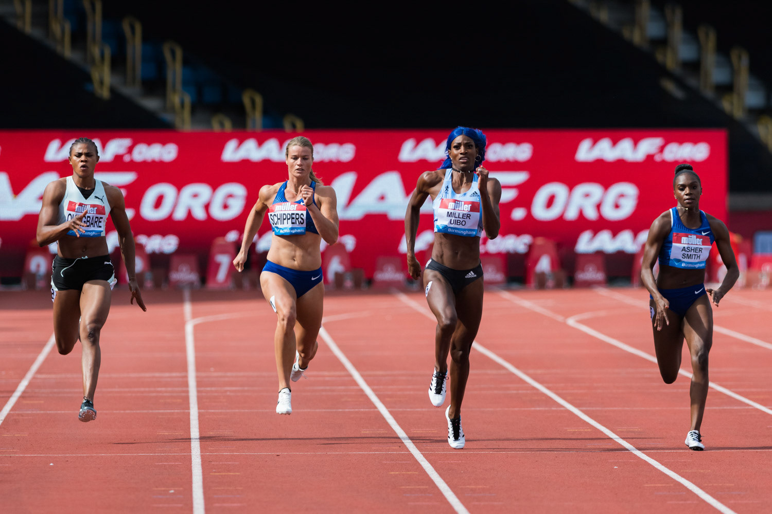 ALEXANDER STADIUM, BIRMINGHAM, - 2019-08-18: Blessing Okagbare (NGR) Dafne Schippers (NED) Shaunae Miller-Uibo (BAH) and Dina Asher-Smith (GBR) competing in the 200m during the Muller Birmingham Grand Prix event at the Alexander Stadium