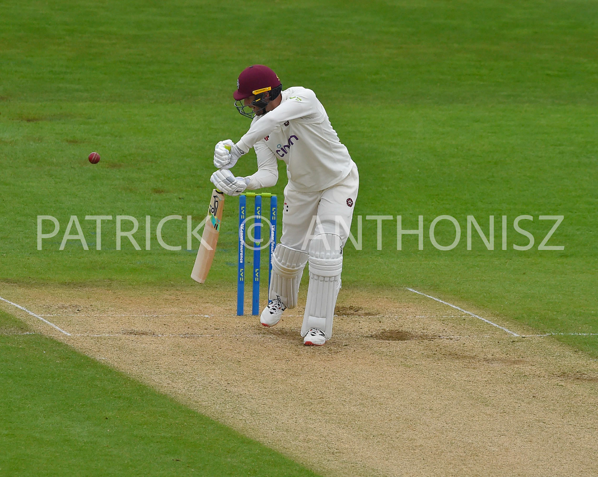 NORTHAMPTON, ENGLAND - April 15 2023 : Rob Keogh in action Day 3 of the LV= Insurance County Championship match between Northamptonshire and   Sat  April  15 at The County Ground  in Northampton, England.